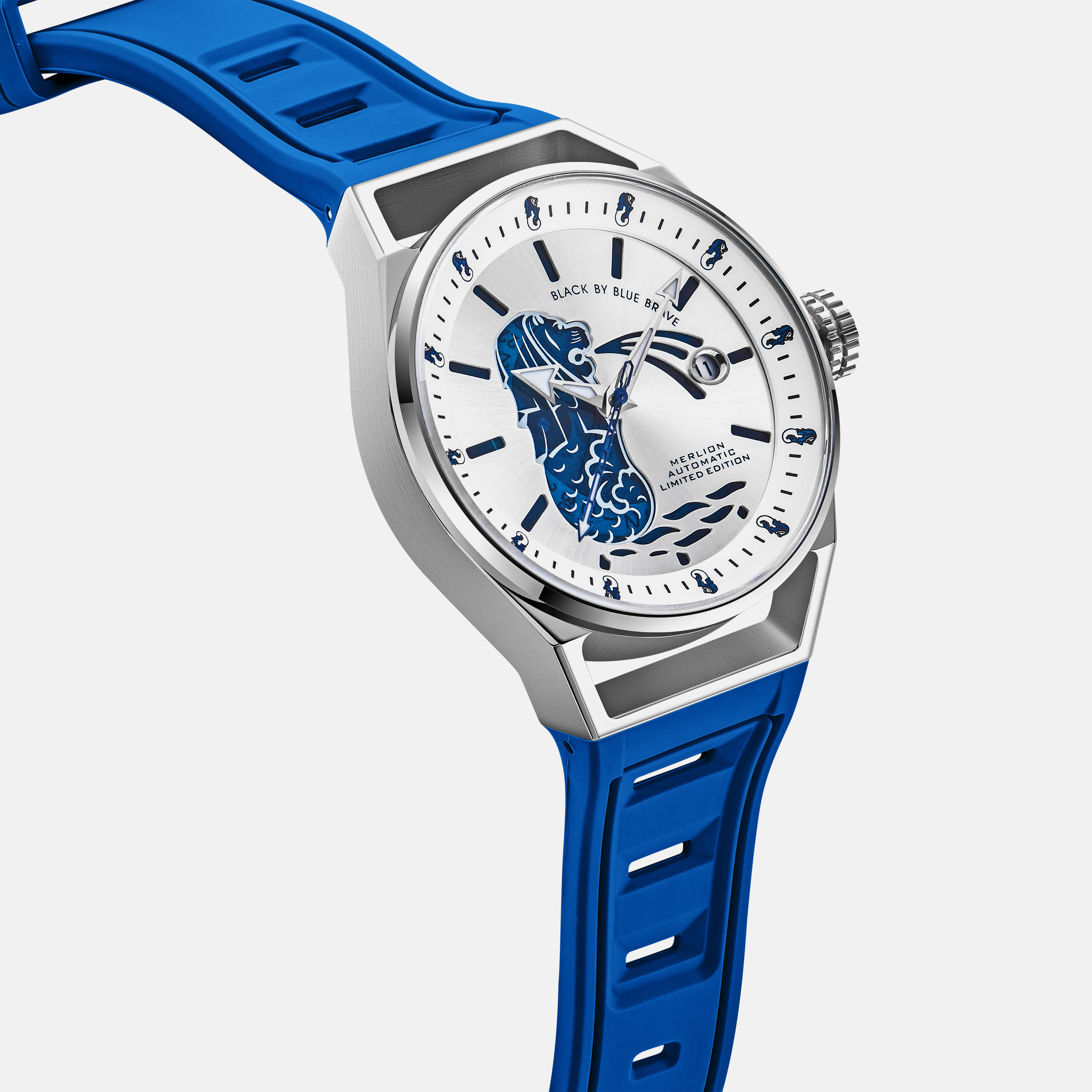 Merlion II 41mm Silver Merlion Dial Blue Silicon Strap Automatic Watch - 4B8304 - side view - Black By Blue Brave