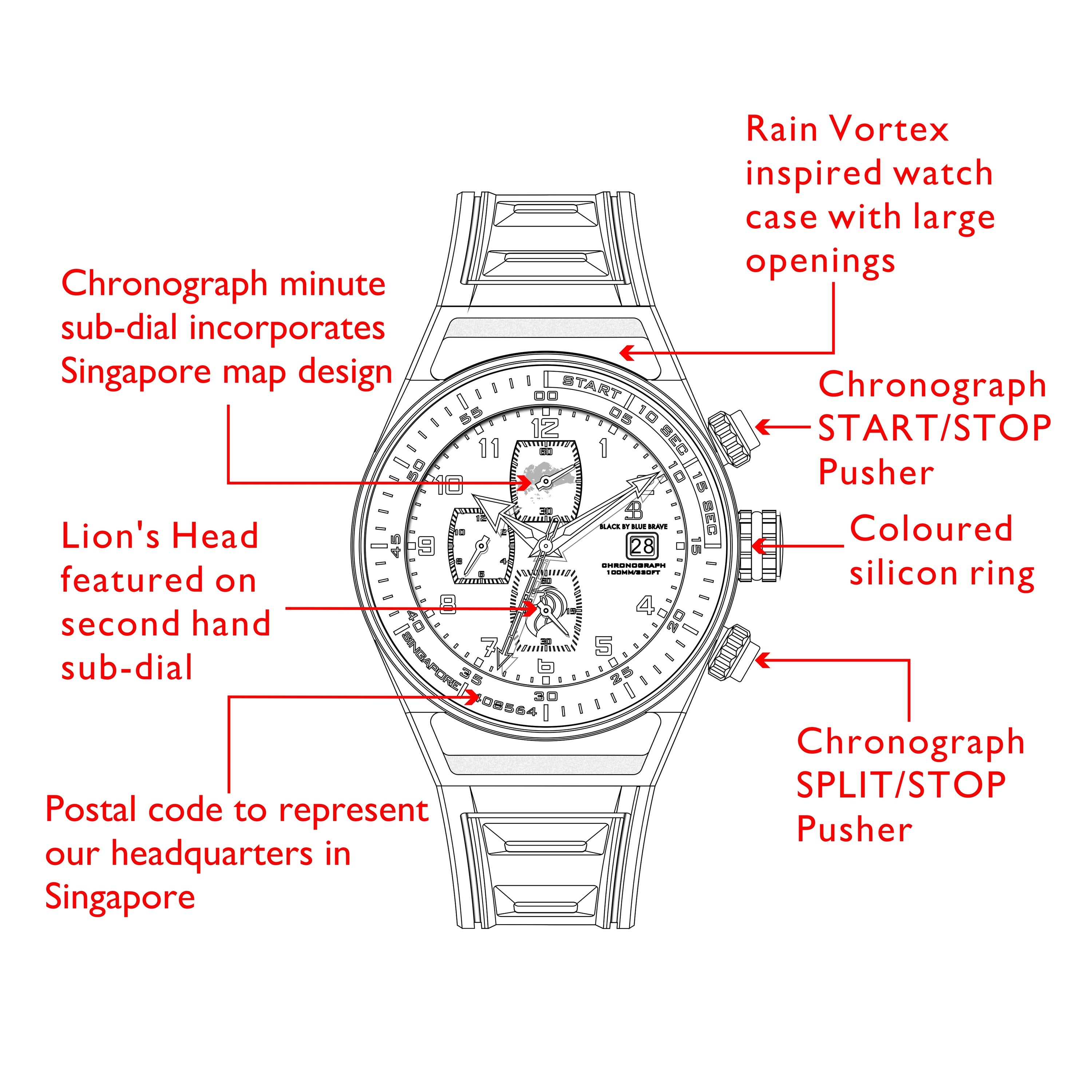 Merlion II 41mm Silver Singapore Dial Chronograph Red Silicon Strap Watch - 4B8314 - Selling point map - Black By Blue Brave