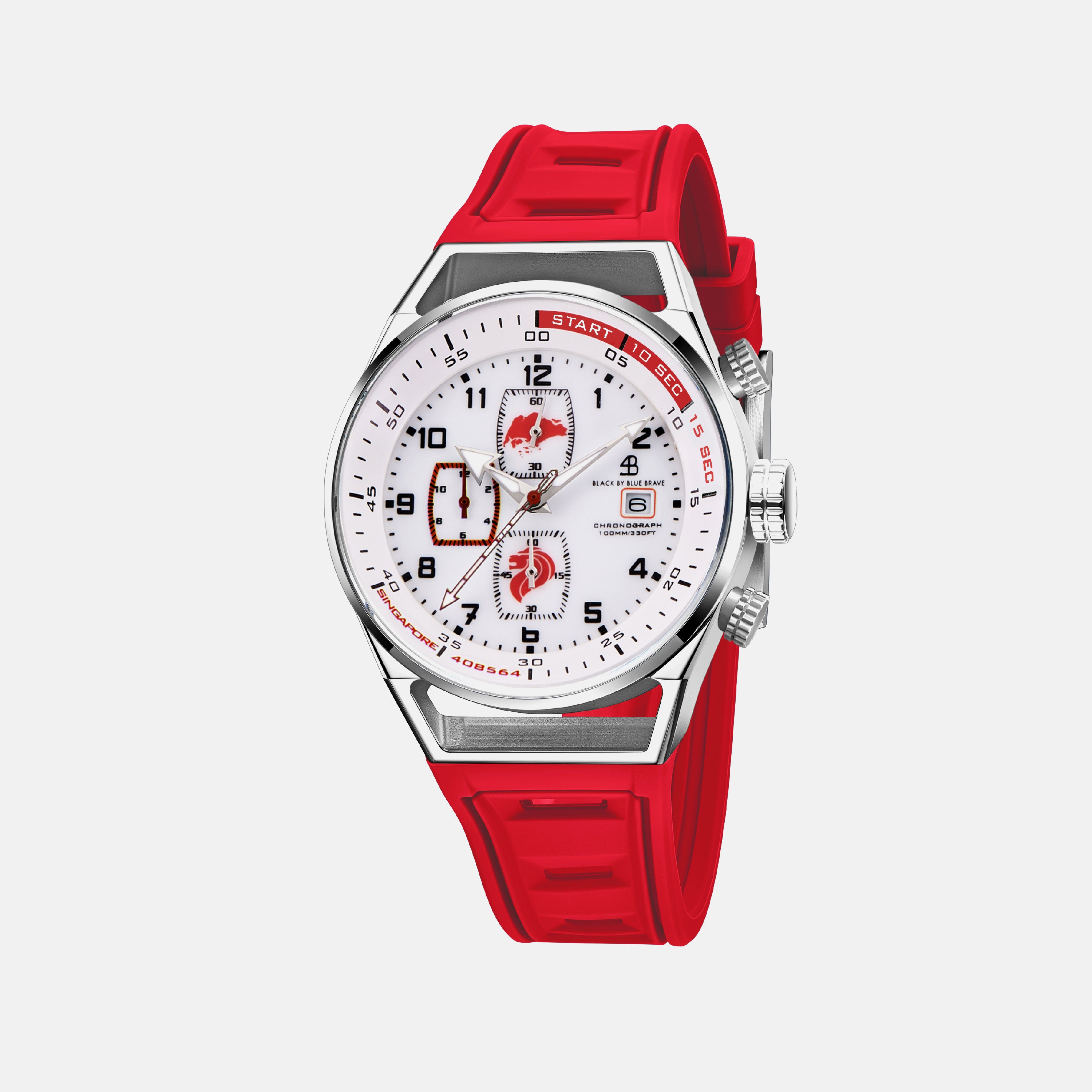 Merlion II 41mm Silver Singapore Dial Chronograph Red Silicon Strap Watch - 4B8314 - front - Black By Blue Brave