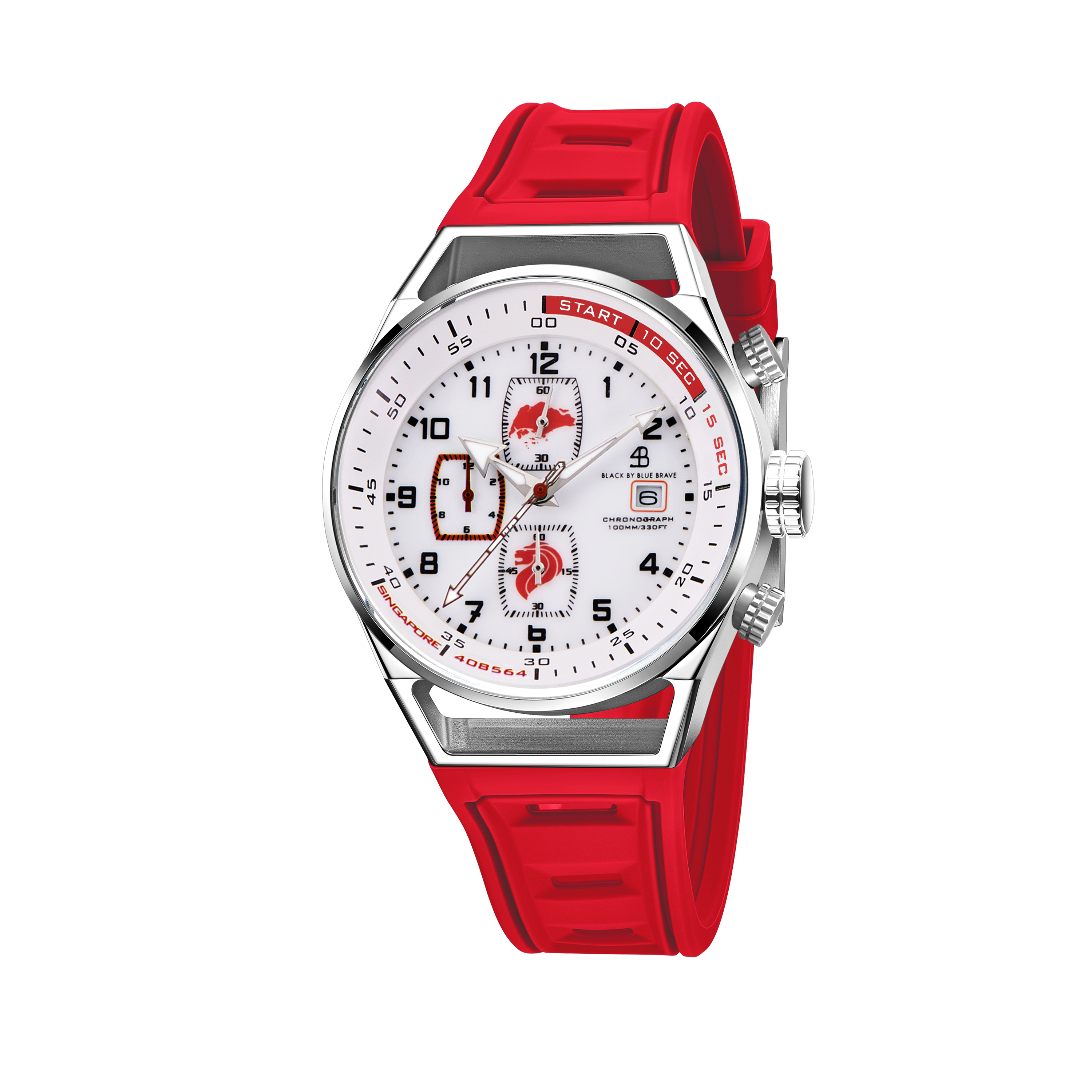 Merlion II 41mm Silver Singapore Dial Chronograph Red Silicon Strap Watch - 4B8314 - front - Black By Blue Brave