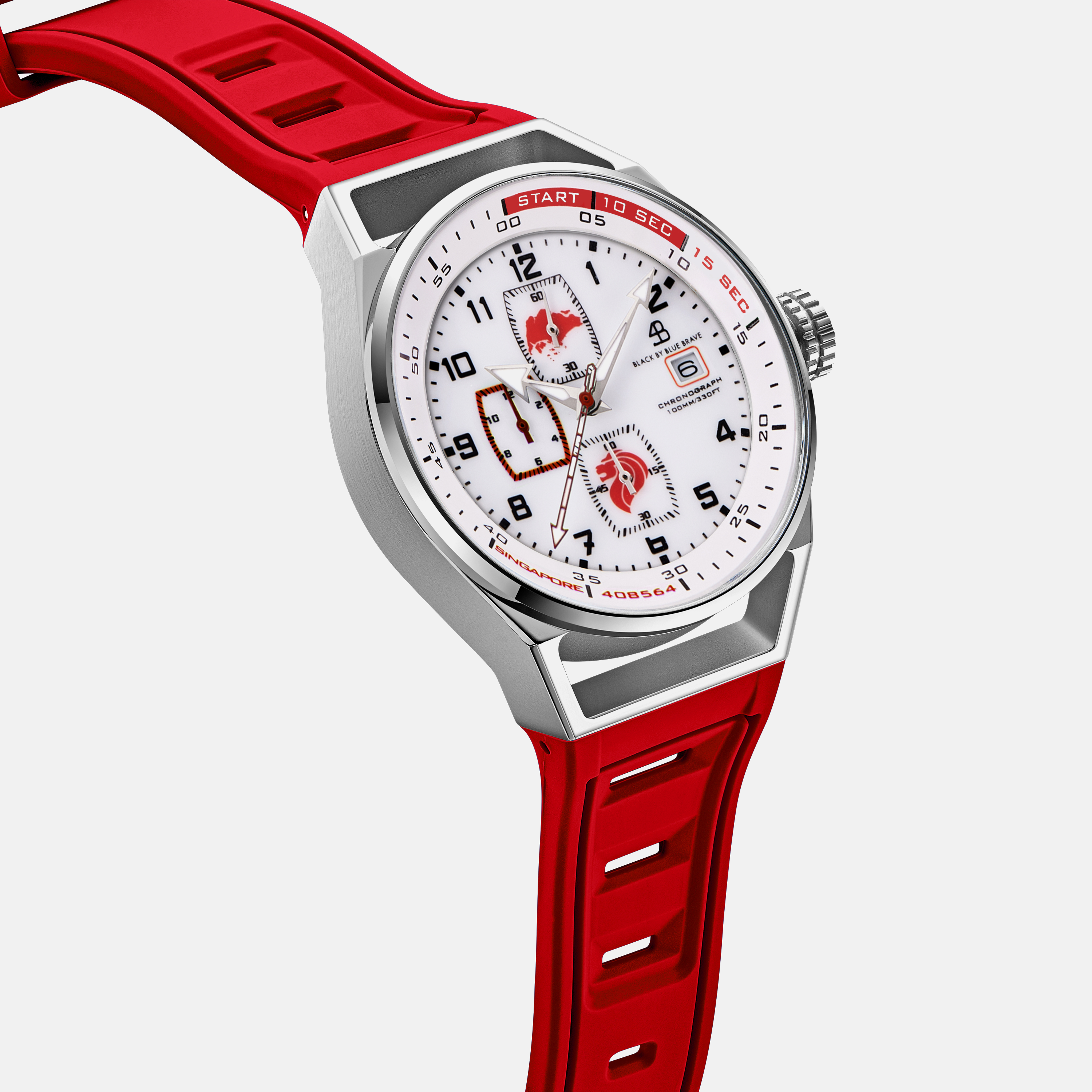 Merlion II 41mm Silver Singapore Dial Chronograph Red Silicon Strap Watch - 4B8314 - side view - Black By Blue Brave