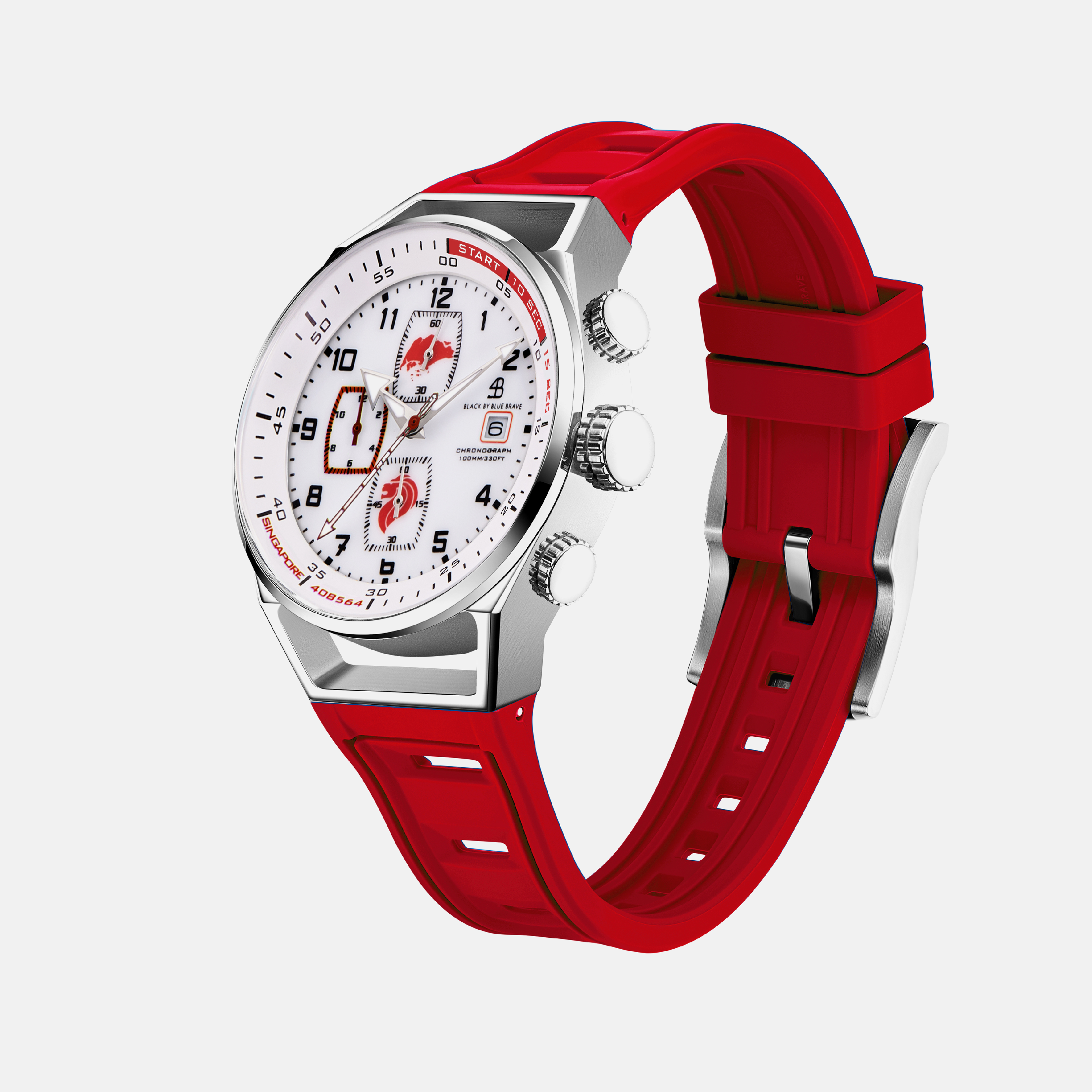 Merlion II 41mm Silver Singapore Dial Chronograph Red Silicon Strap Watch - 4B8314 - side view - Black By Blue Brave