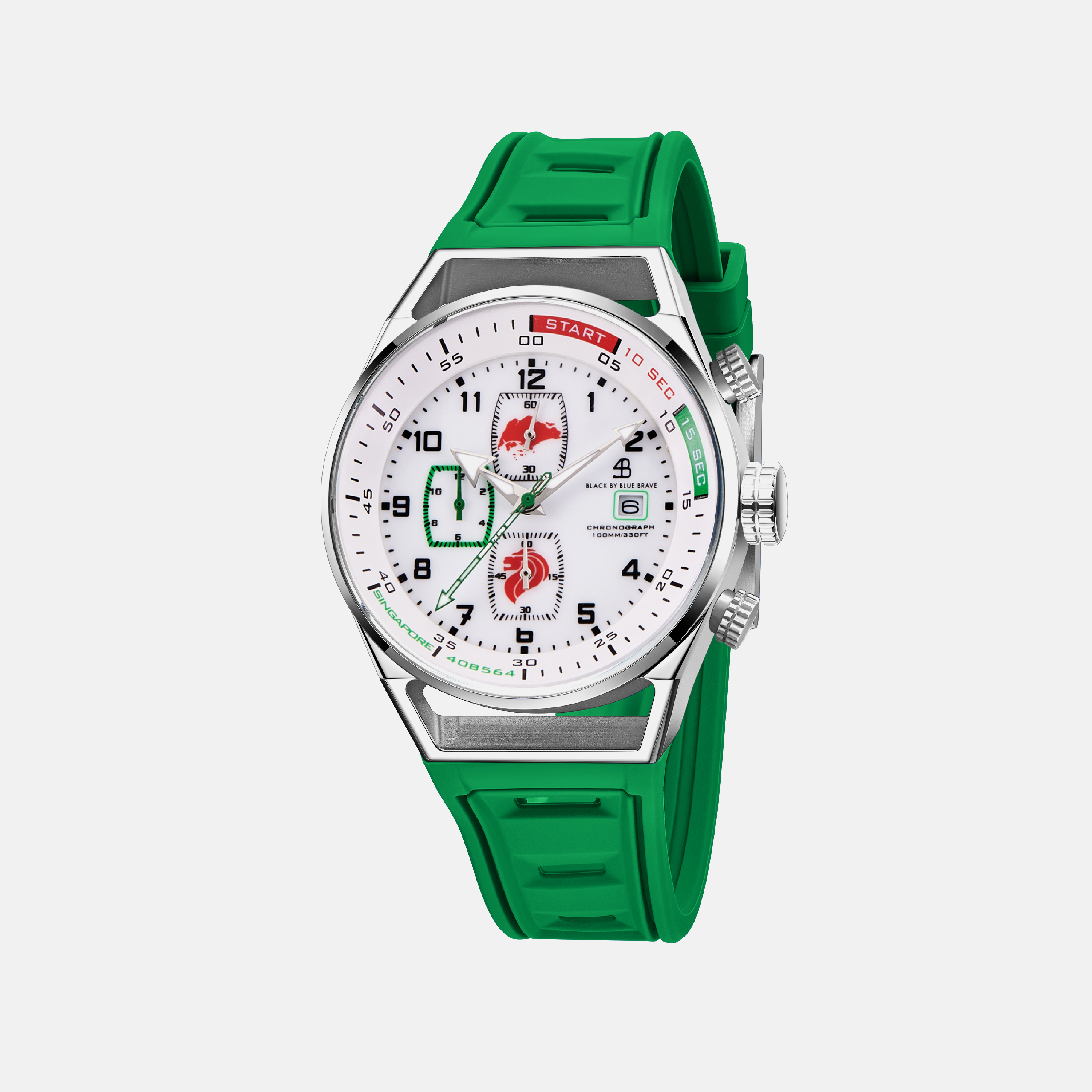 Merlion II 41mm Silver Singapore Dial Chronograph Green Silicon Strap Watch - 4B8317 - front - Black By Blue Brave