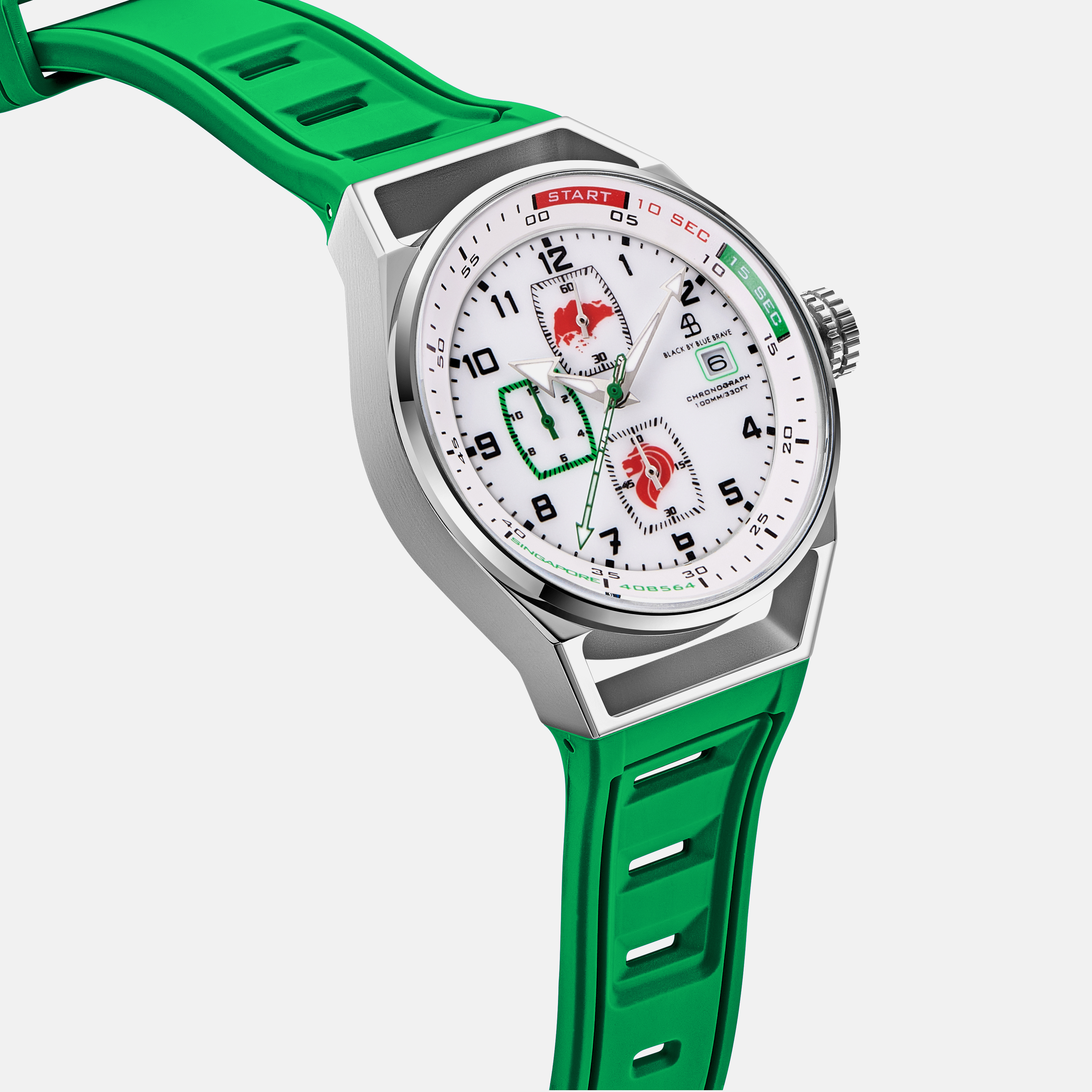 Merlion II 41mm Silver Singapore Dial Chronograph Green Silicon Strap Watch - 4B8317 - side view - Black By Blue Brave