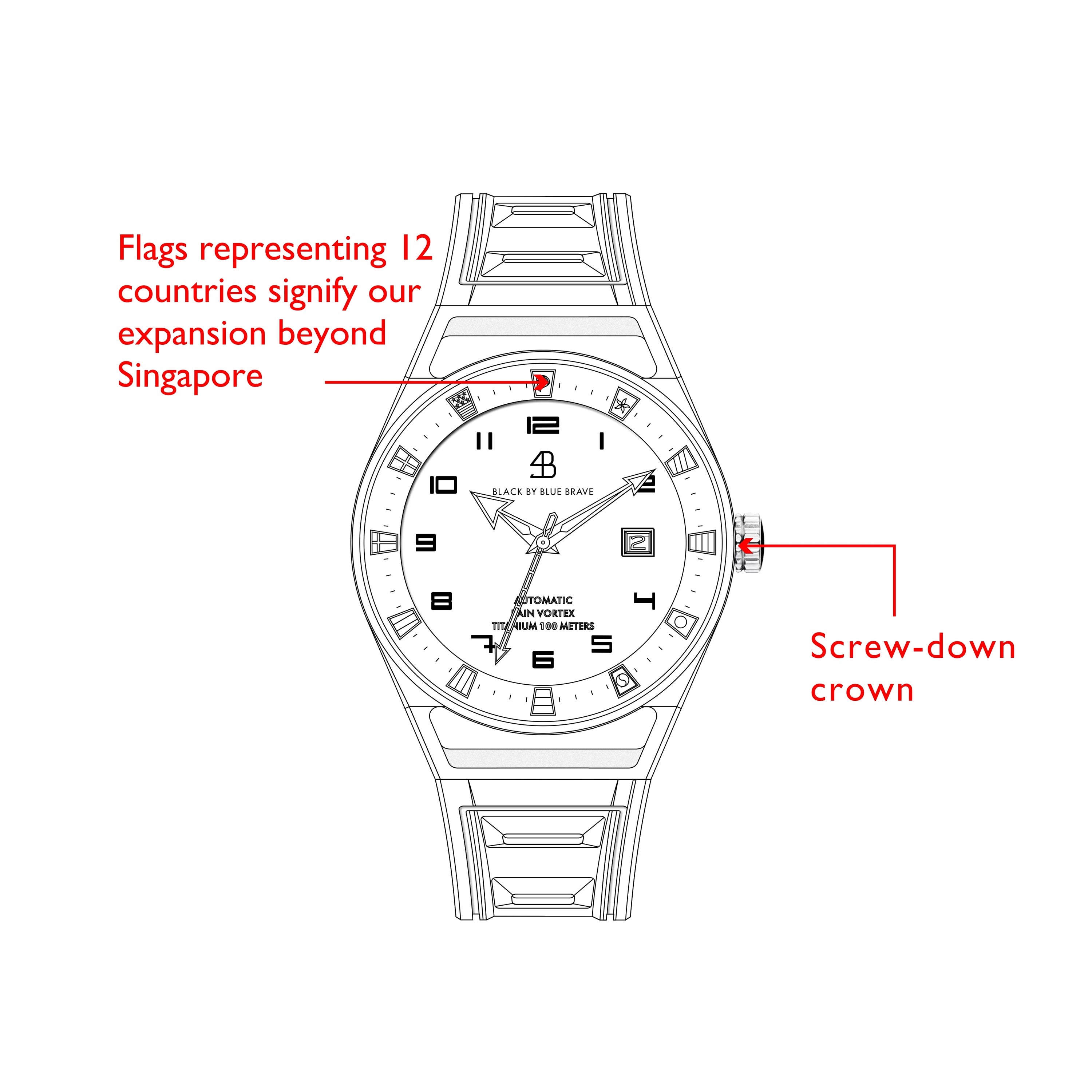 Merlion II 41mm Silver Flags Dial Red Silicon Strap Automatic Watch - 4B9313 - Selling point map - Black By Blue Brave