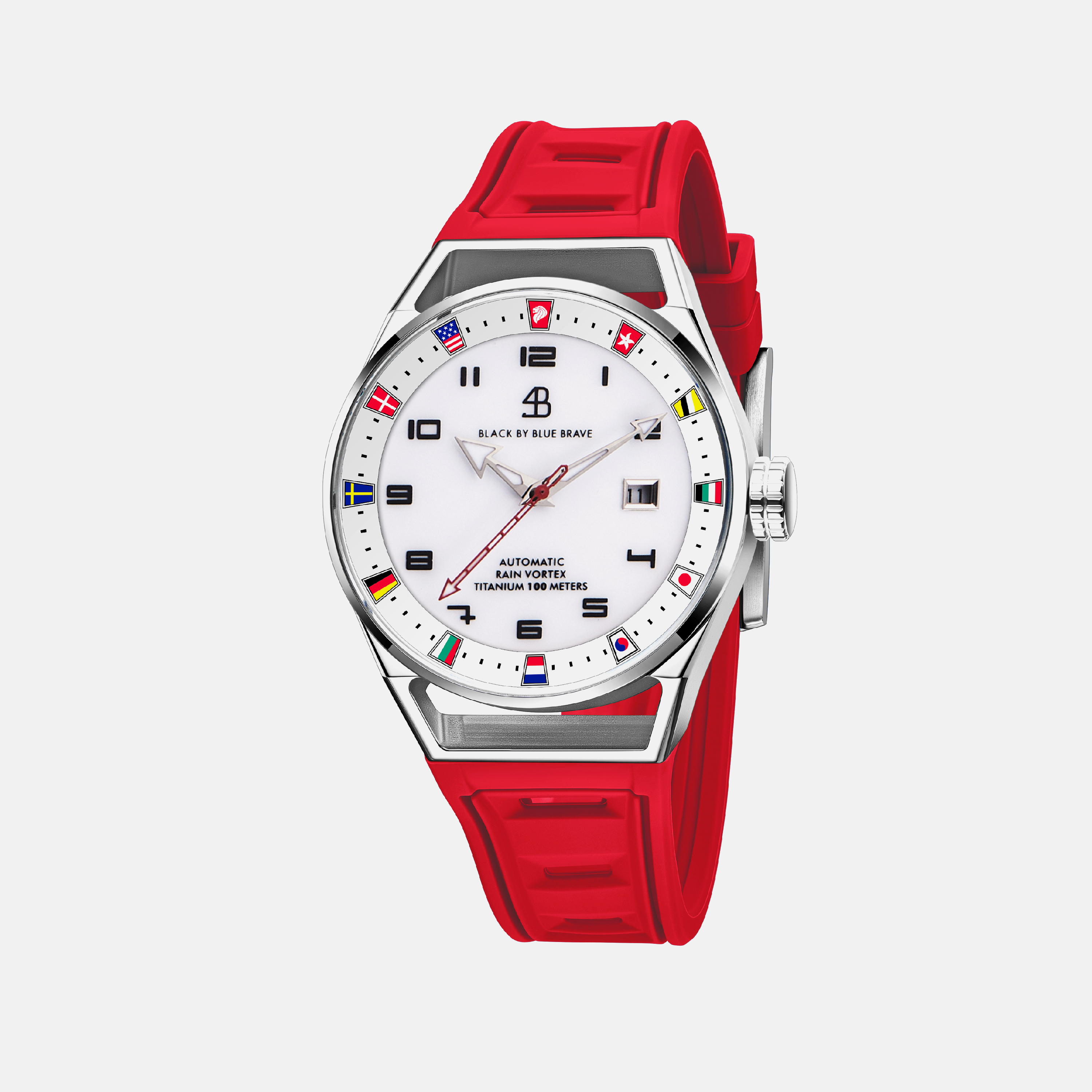 Merlion II 41mm Silver Flags Dial Red Silicon Strap Automatic Watch - 4B9313 - front - Black By Blue Brave