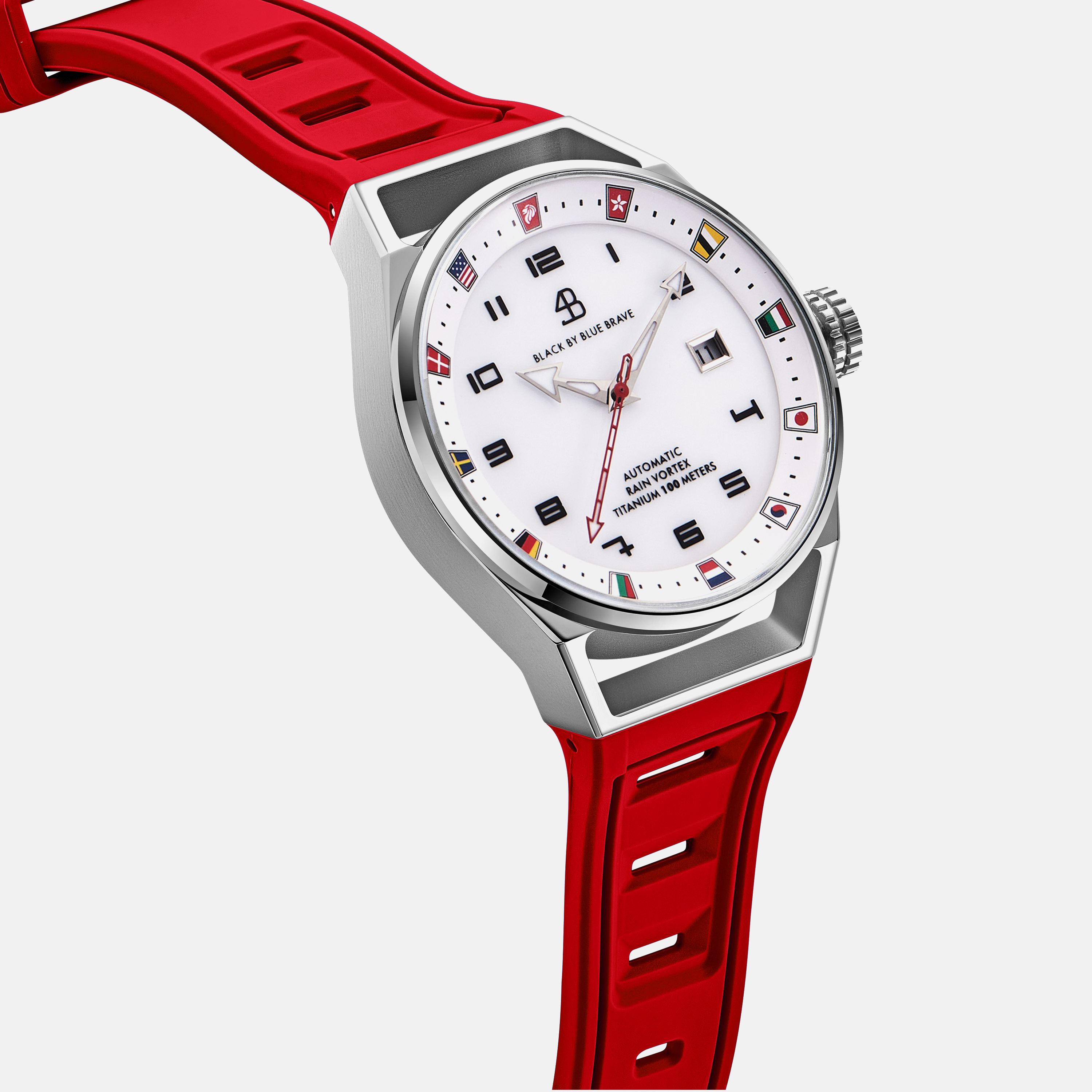Merlion II 41mm Silver Flags Dial Red Silicon Strap Automatic Watch - 4B9313 - side view - Black By Blue Brave