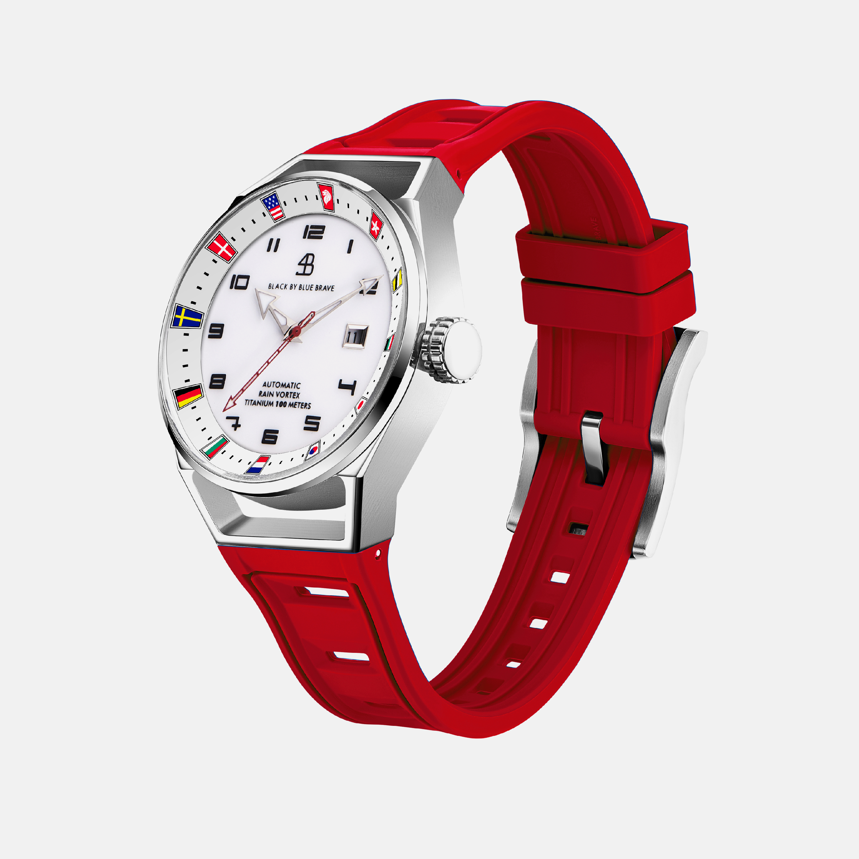 Merlion II 41mm Silver Flags Dial Red Silicon Strap Automatic Watch - 4B9313 - side view - Black By Blue Brave