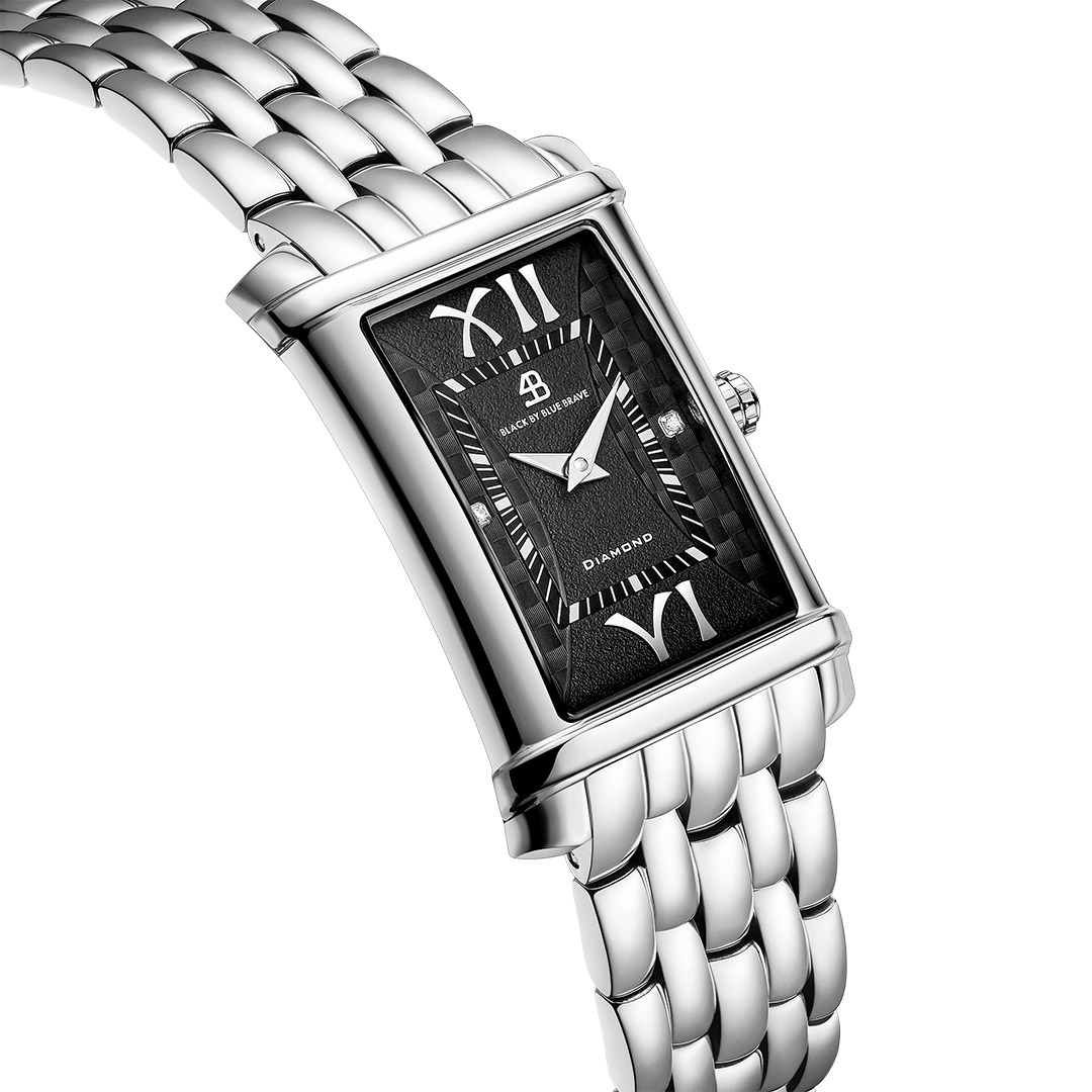 Monica 27*42mm Black Guilloche Dial Genuine Diamonds Silver Bracelet Watch - 4B1270 - side view - Black By Blue Brave
