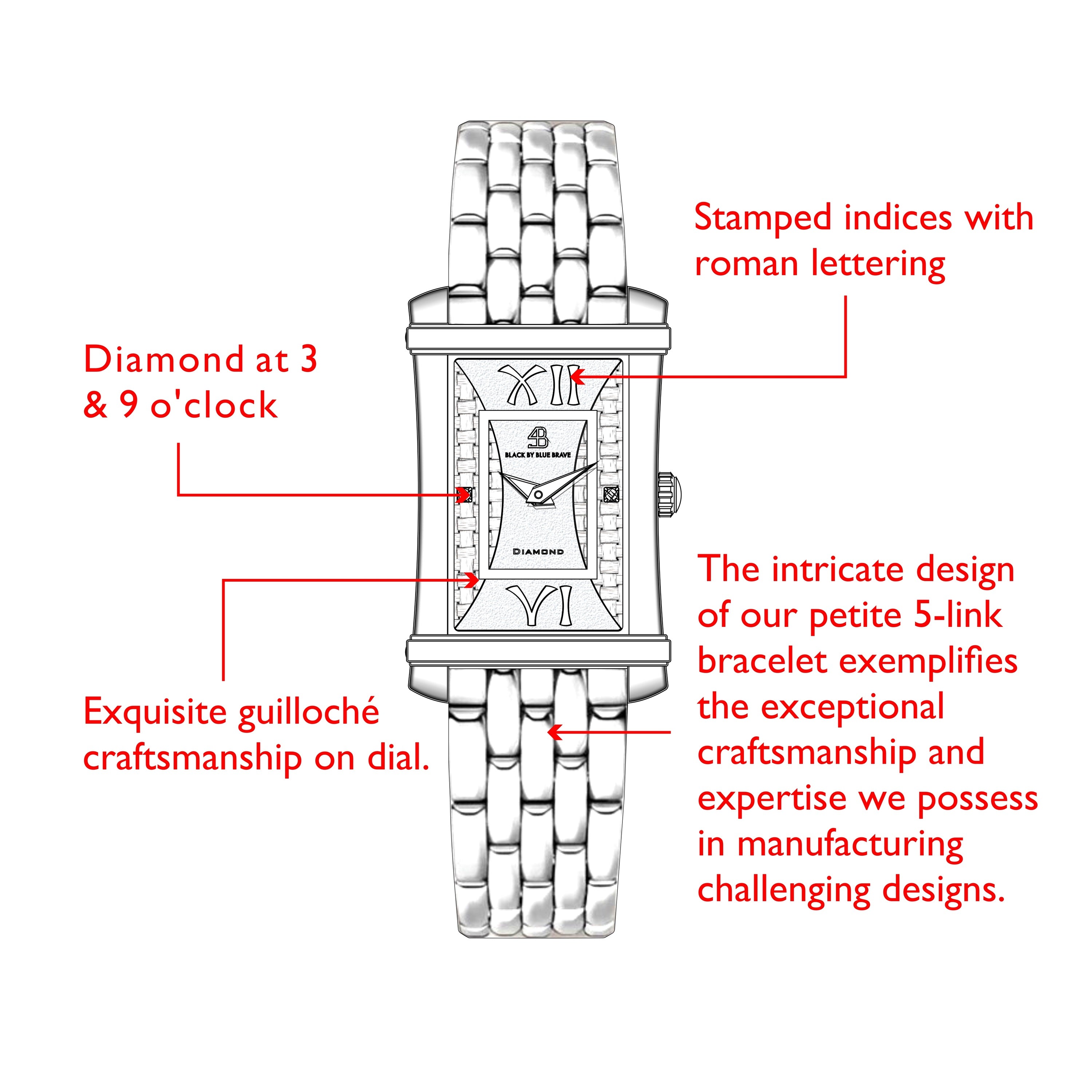 Monica 27*42mm White Guilloche Dial Genuine Diamonds Silver Bracelet Watch - 4B1271 - Selling point map - Black By Blue Brave