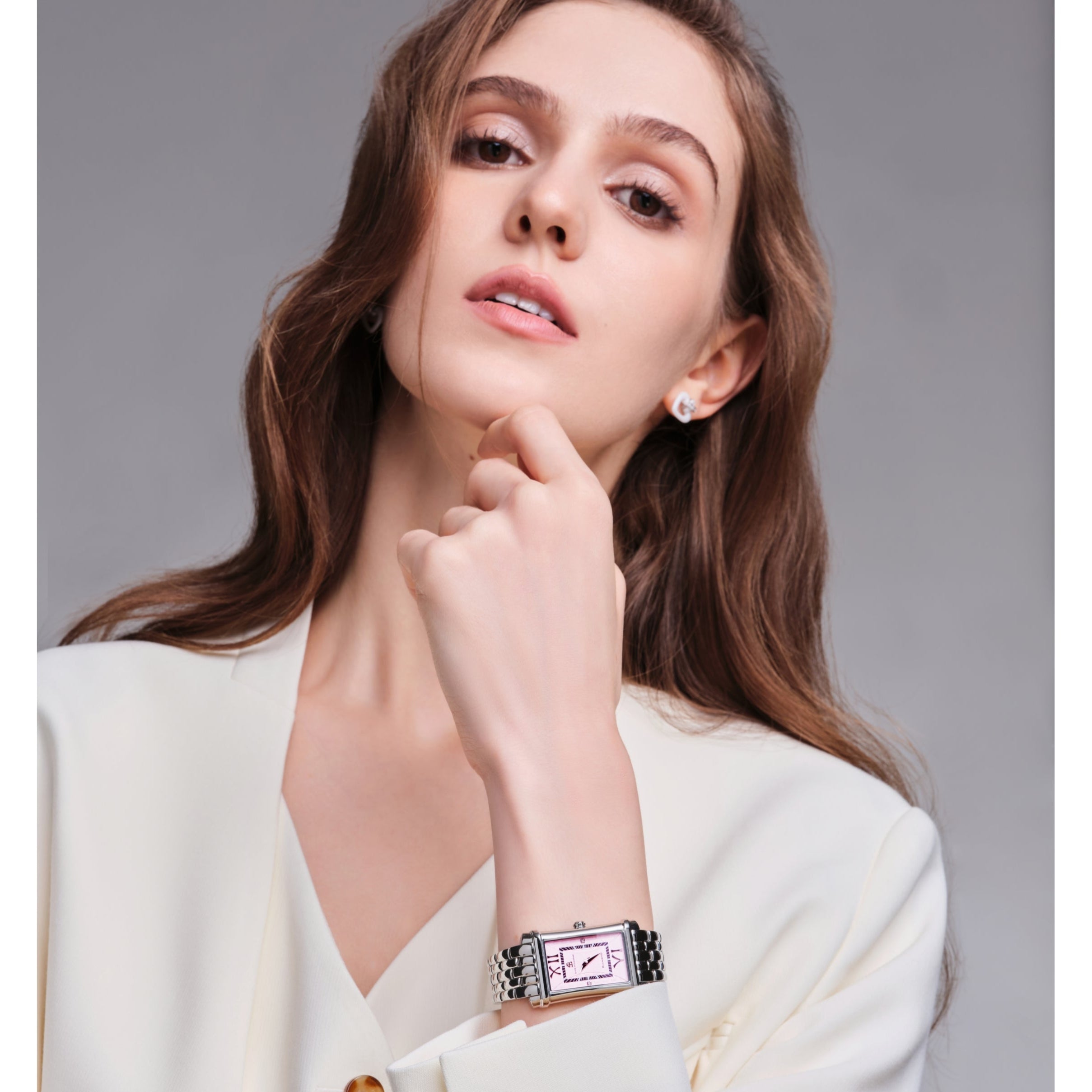 Monica 27*42mm Pink Guilloche Dial Genuine Diamonds Silver Bracelet Watch - 4B1275 - Model wearing - Black By Blue Brave