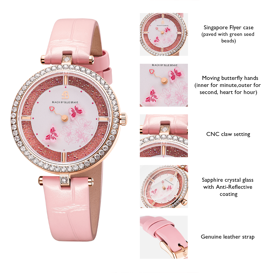 Butterfly Lovers 34mm Pink Dial Moving Butterfly Hands Leather Strap Watch