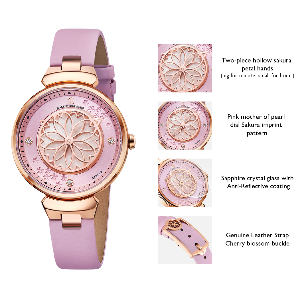 Cherry Blossom Pink Mother Of Pearl Dial Genuine Diamonds Sakura Petal Hand Leather Strap Watch