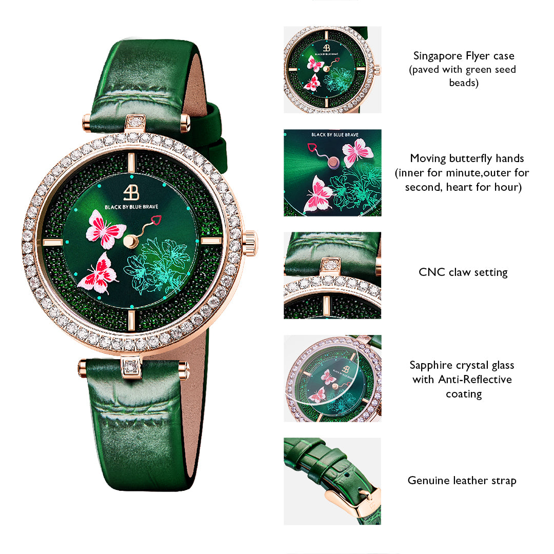 Butterfly Lovers 34mm Pink Dial Moving Butterfly Hands Leather Strap Watch