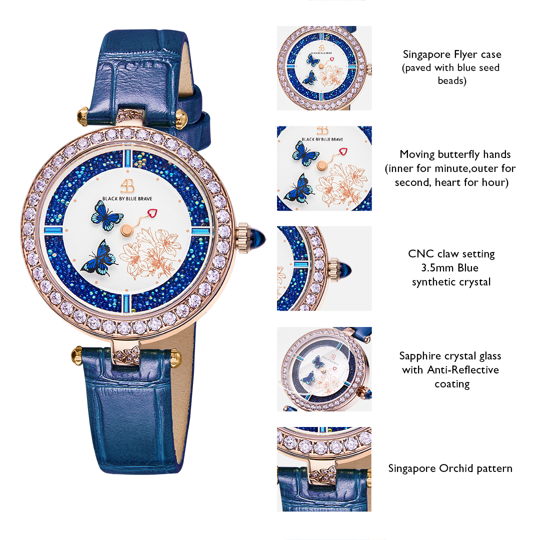 Butterfly Lovers 34mm Blue Dial Moving Butterfly Hands Leather Strap Watch