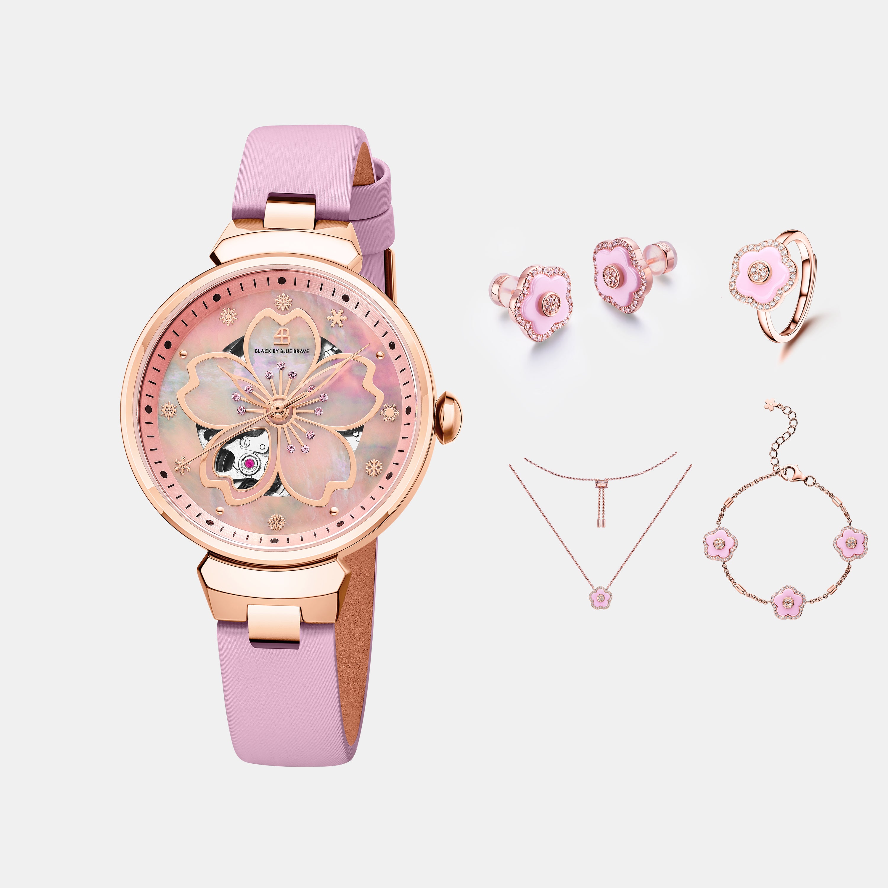 Cherry Blossom Automatic + Flower Ceramic Earrings & Ring & Necklace & Bracelet Set