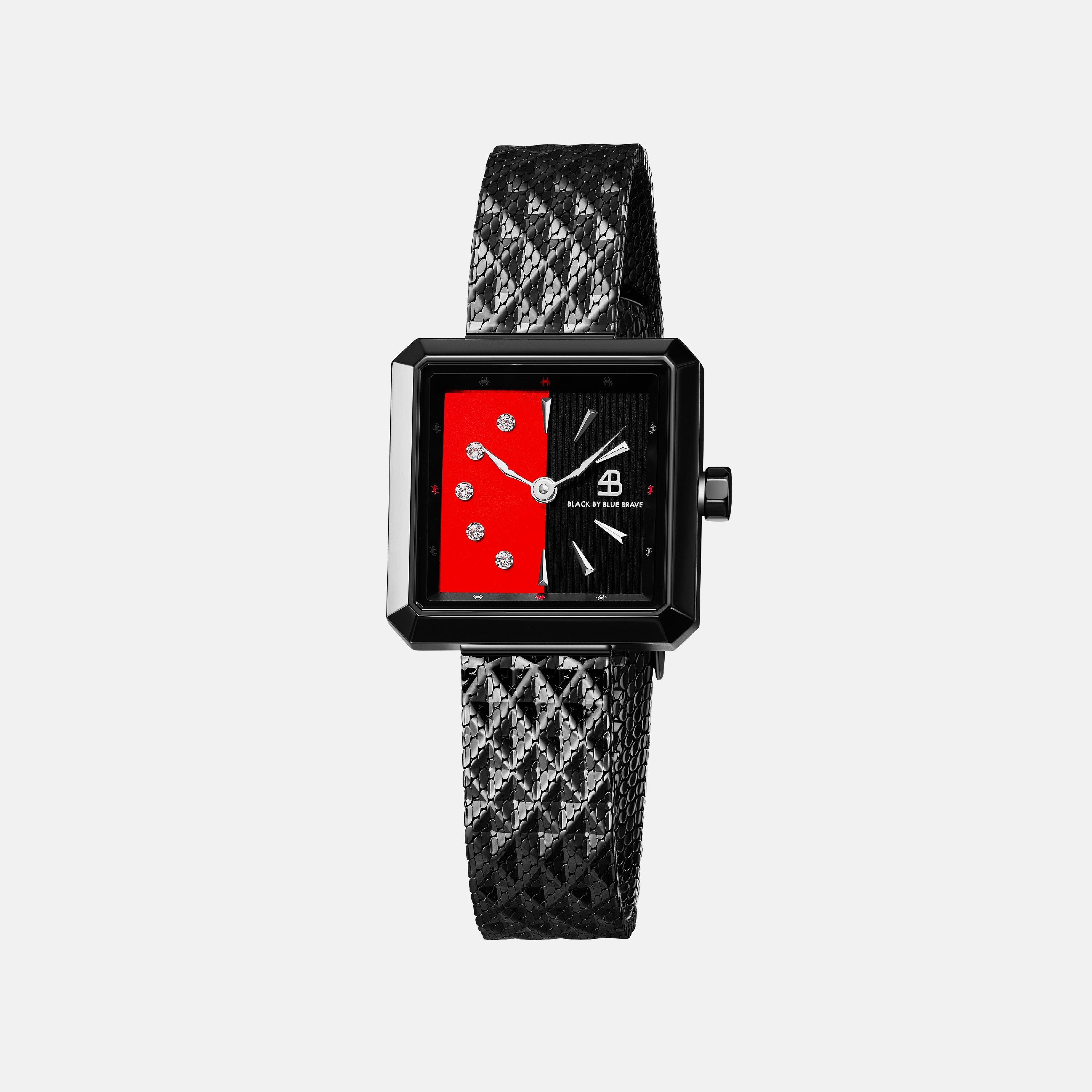 Spider 24mm Red & Black Dial Black Meshband Watch - 4B1171 - front - Black By Blue Brave