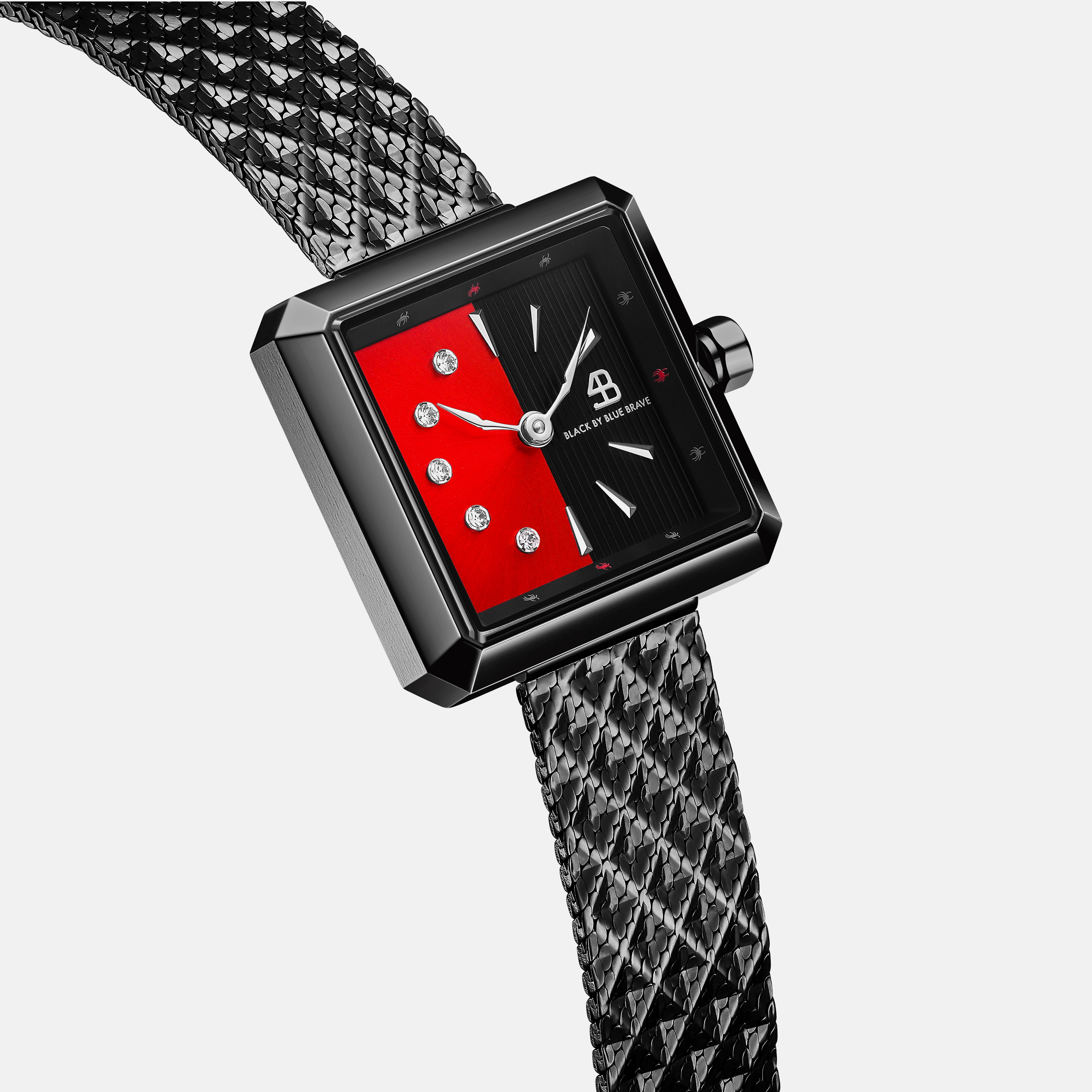 Spider 24mm Red & Black Dial Black Meshband Watch - 4B1171 - side view - Black By Blue Brave