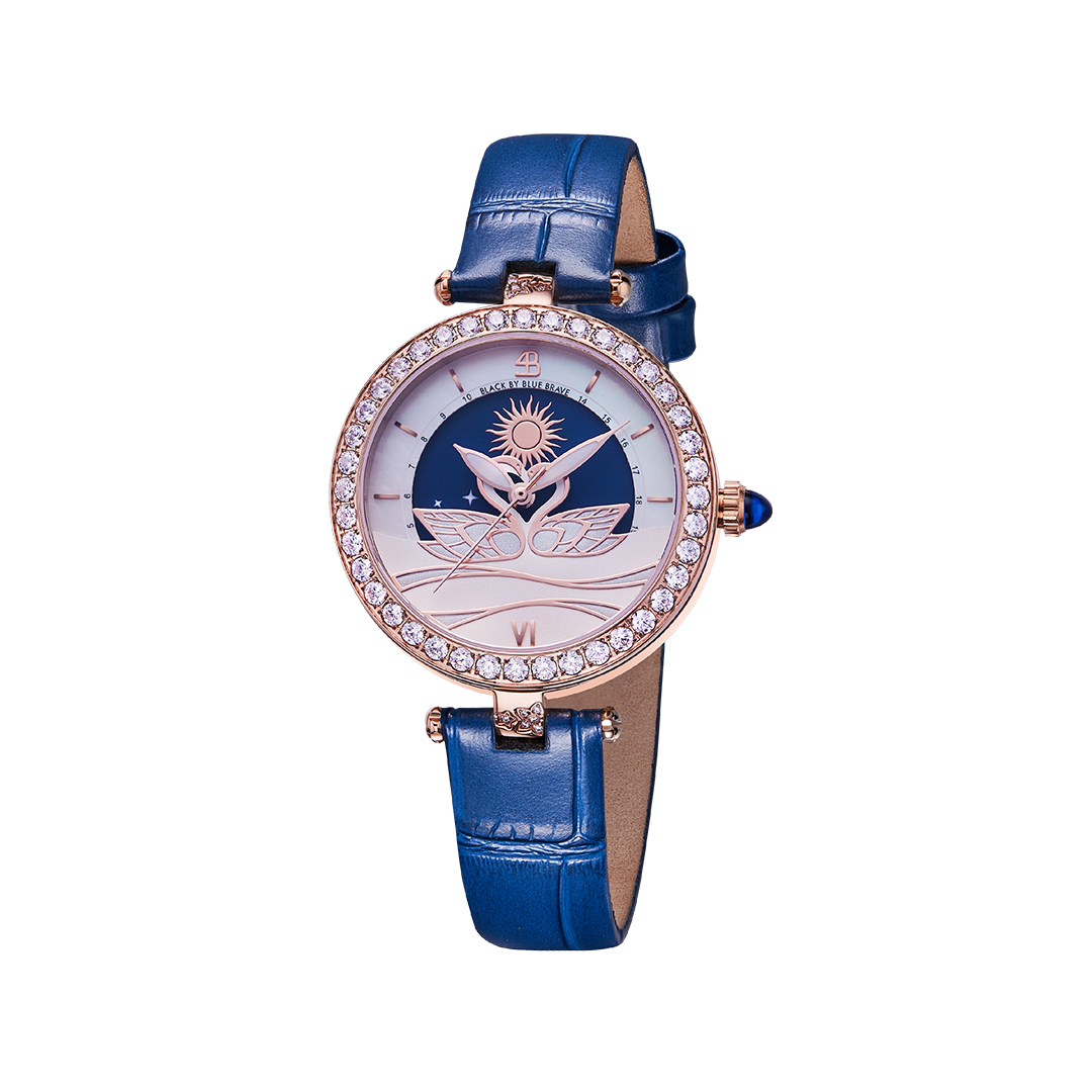 Swan Lovers 34mm Blue Moon Phase Dial Leather Strap Watch - 4B11110 - front - Black By Blue Brave