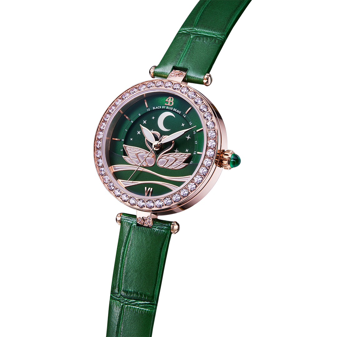 Swan Lovers 34mm Green Moon Phase Dial Leather Strap Watch - 4B11112 - side view - Black By Blue Brave