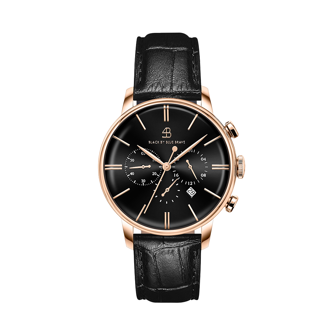 Classic 1986 42mm Chronograph Black Dial Rosegold Case Leather Strap Watch