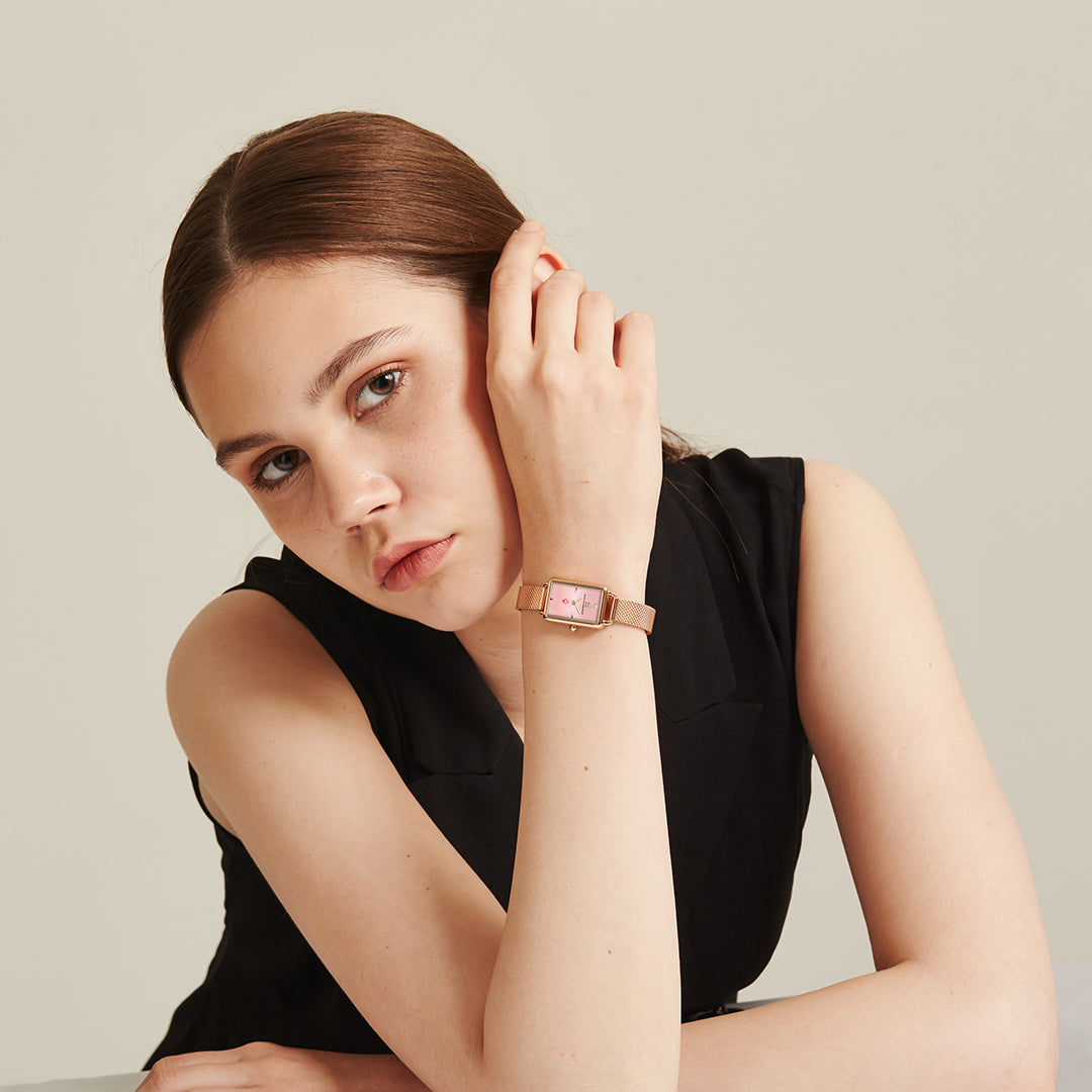 Vesta 20*27mm Pink Dial Genuine Diamond Rosegold Bracelet Watch - 4B6022 - front - Black By Blue Brave
