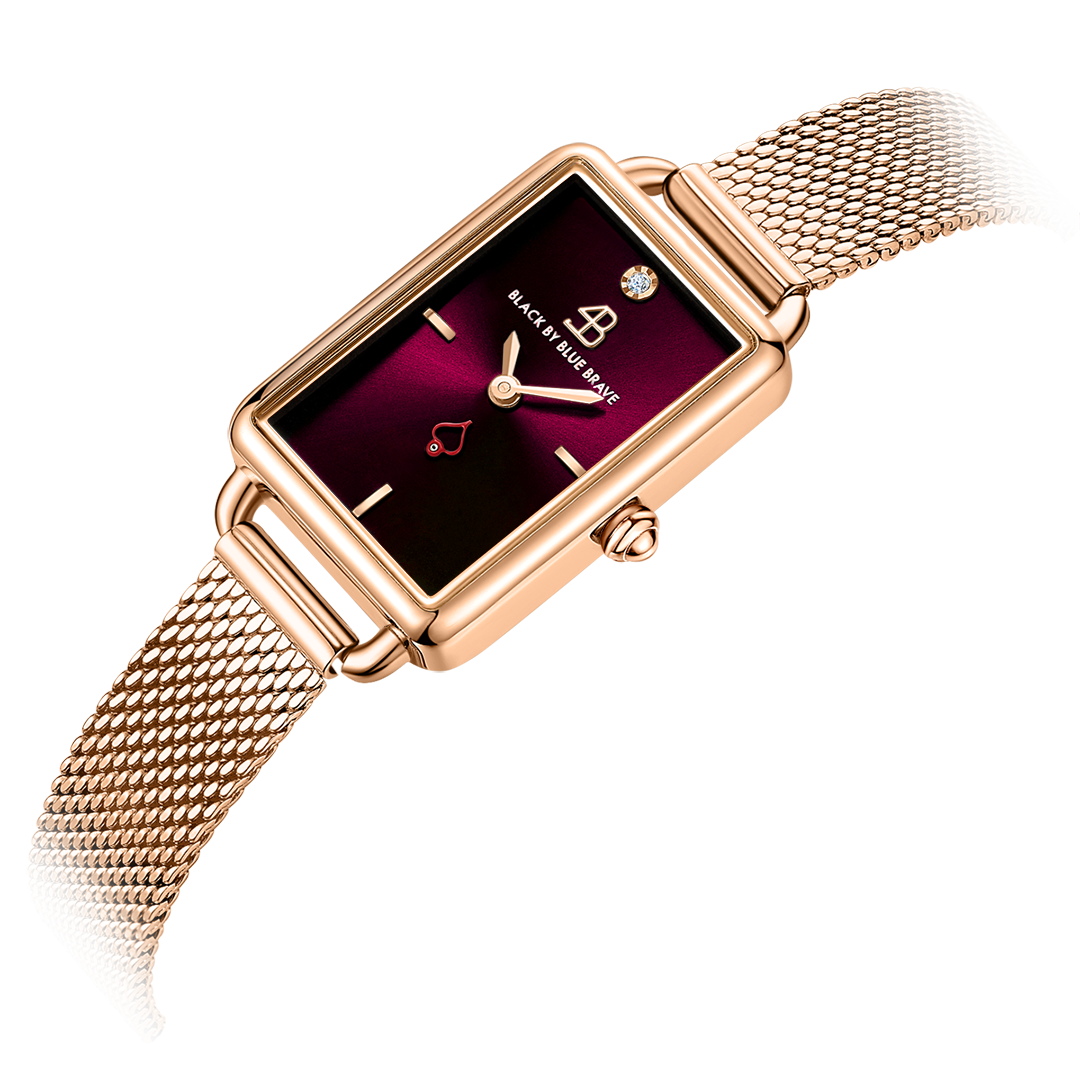 Vesta 20*27mm Ruby Red Dial Genuine Diamond Rosegold Bracelet Watch - 4B6025 - side view - Black By Blue Brave
