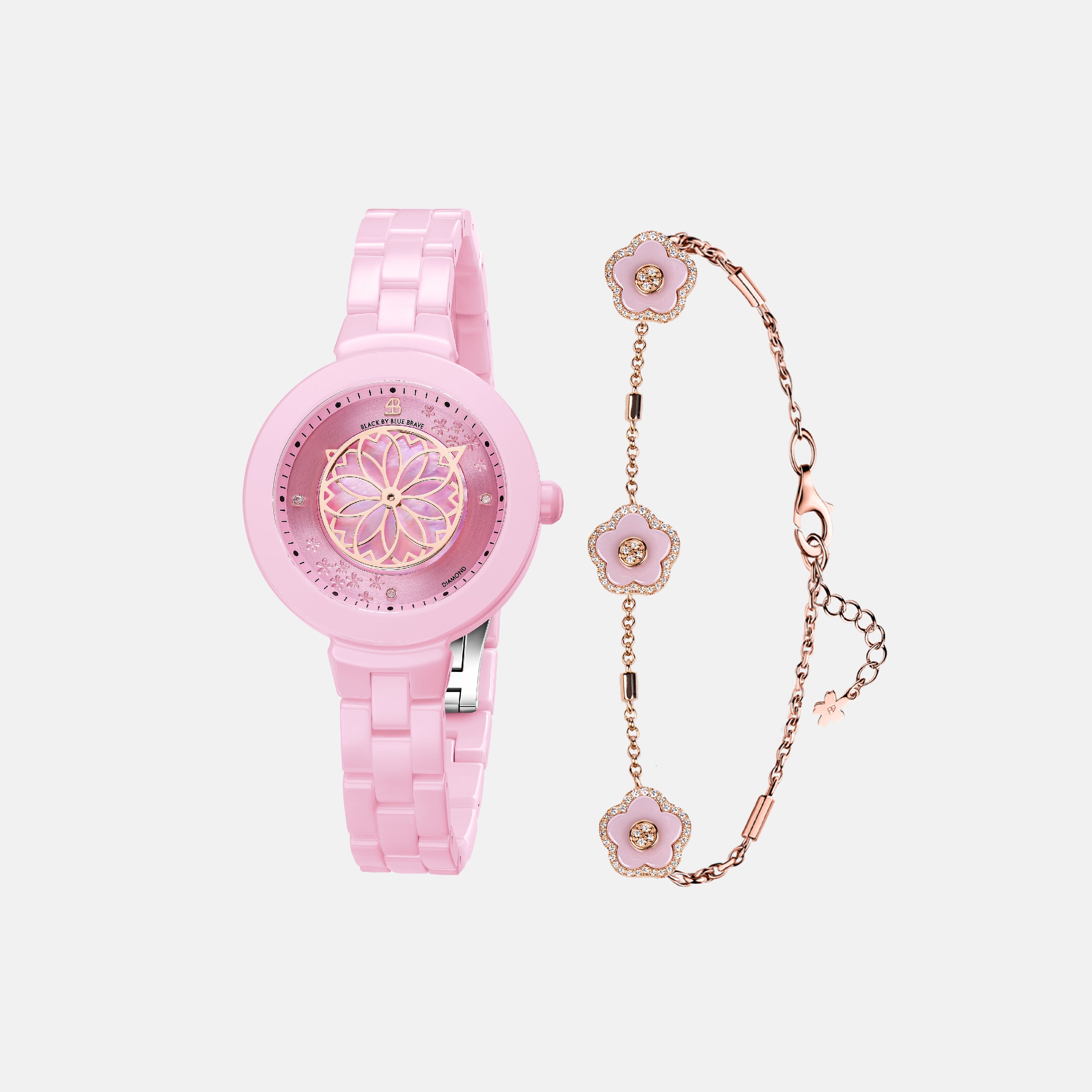 PINK DIAMOND CHERRY BLOSSOM CERAMIC WATCH WITH FLOWER CERAMIC BRACELET