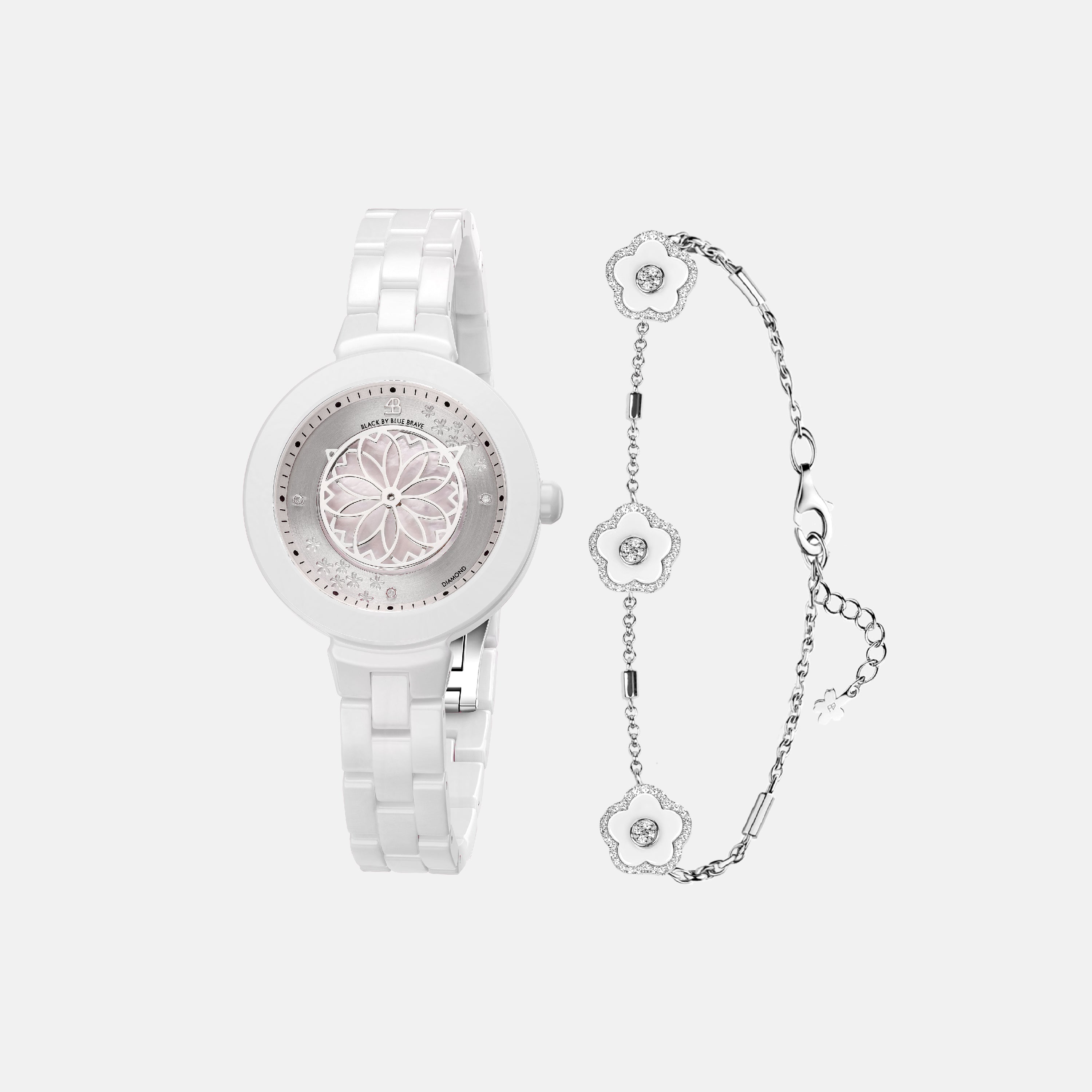 WHITE DIAMOND CHERRY BLOSSOM CERAMIC WATCH WITH FLOWER CERAMIC BRACELET