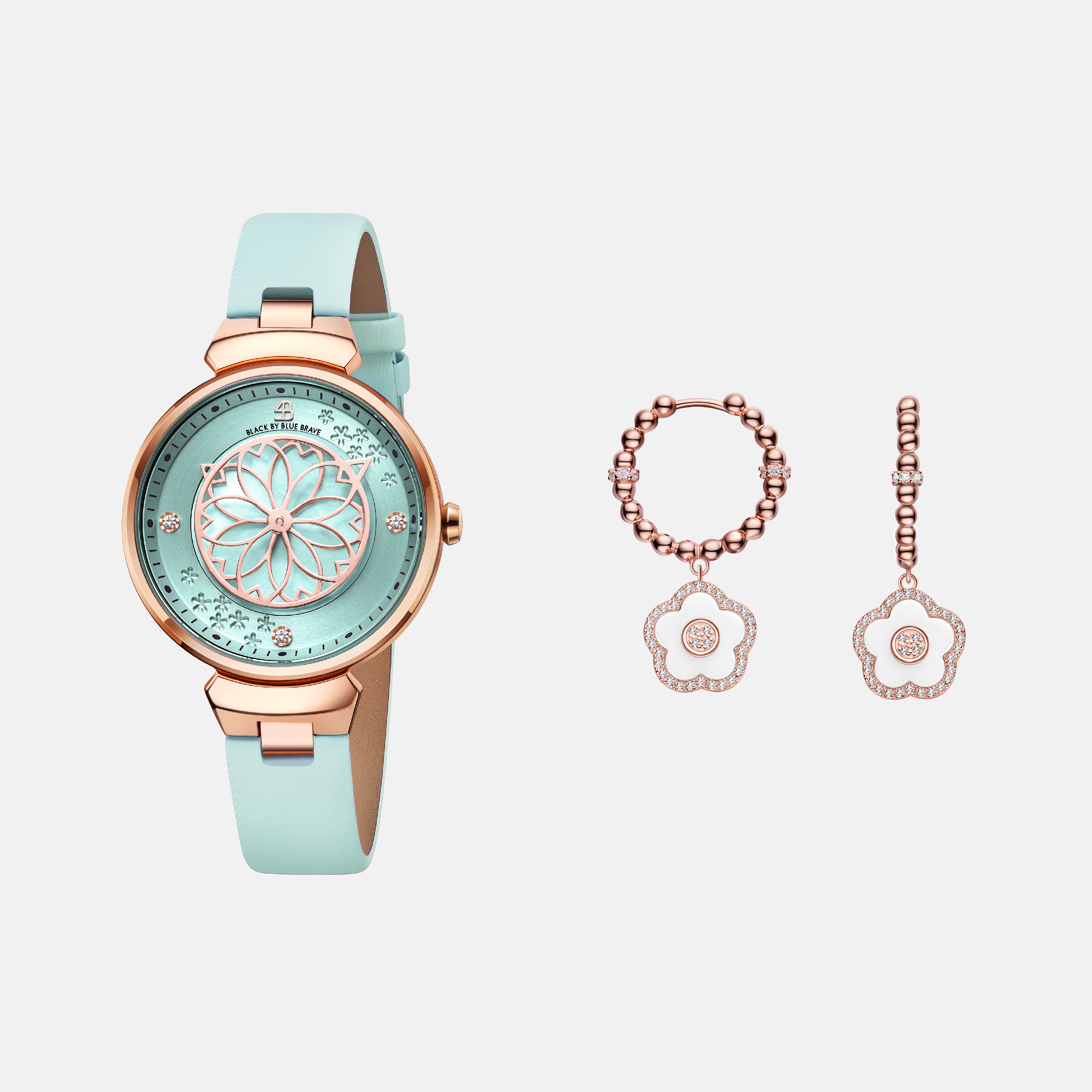 BLUE CHERRY BLOSSOM WATCH & FLOWER CERAMIC EARRINGS