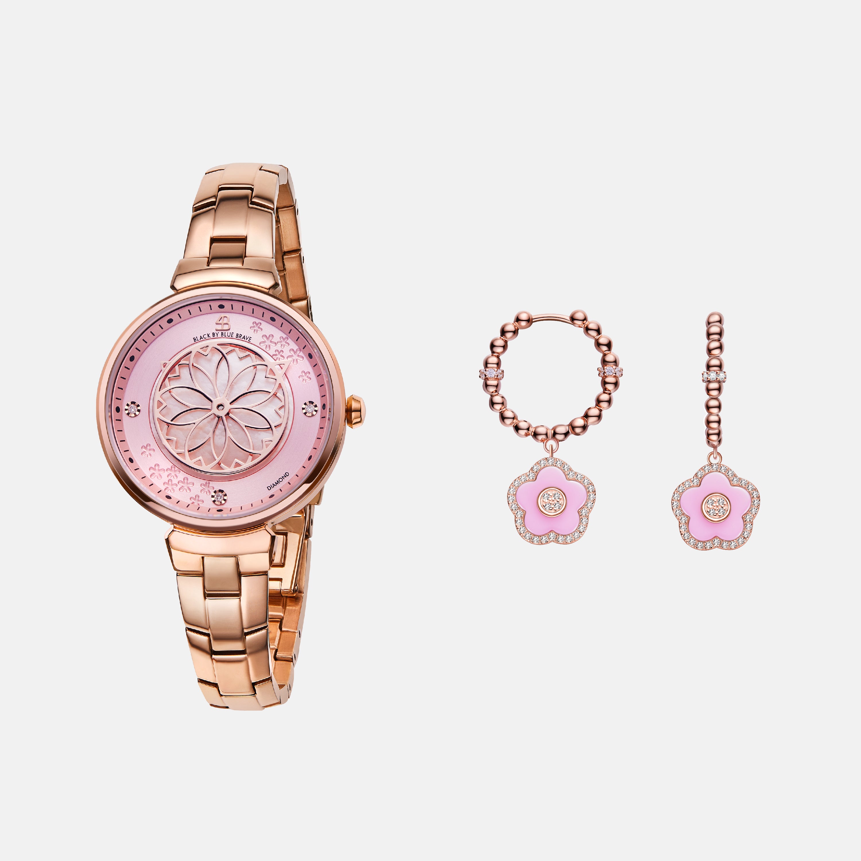 PINK CHERRY BLOSSOM WATCH & FLOWER CERAMIC EARRINGS