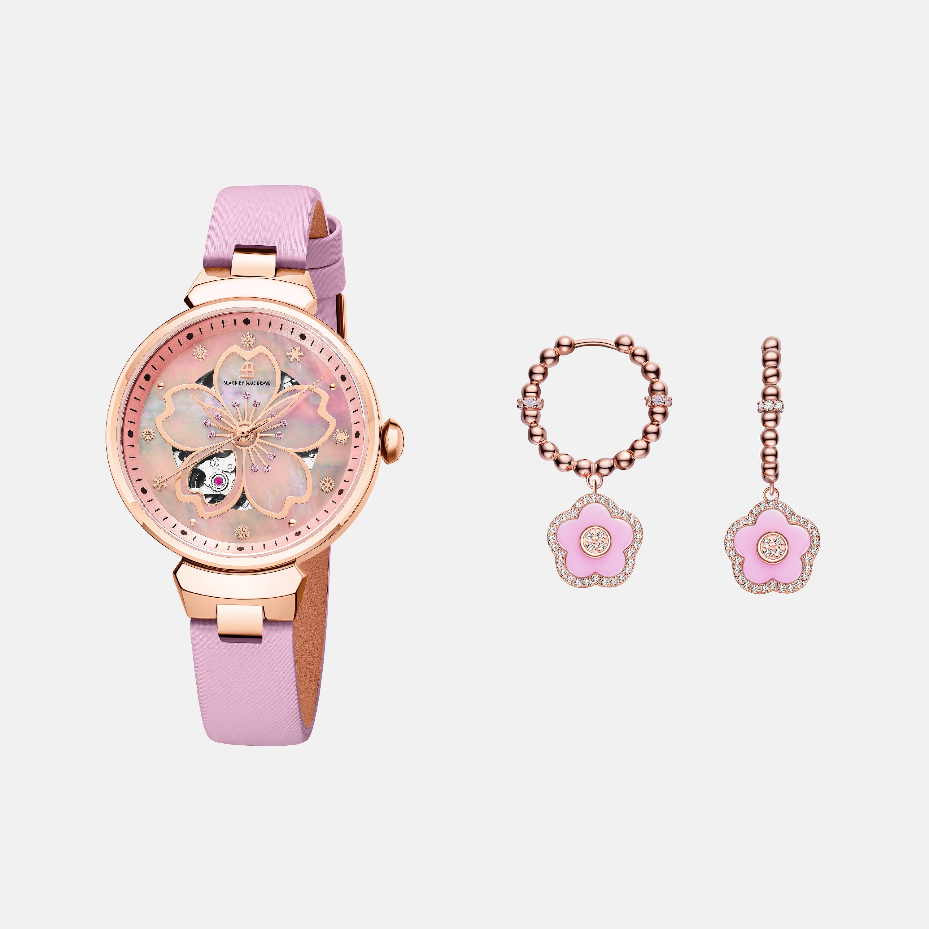 PINK CHERRY BLOSSOM 36MM AUTOMATIC WATCH & ROSEGOLD FLOWER EARRINGS & PINK CERAMIC CERAMIC