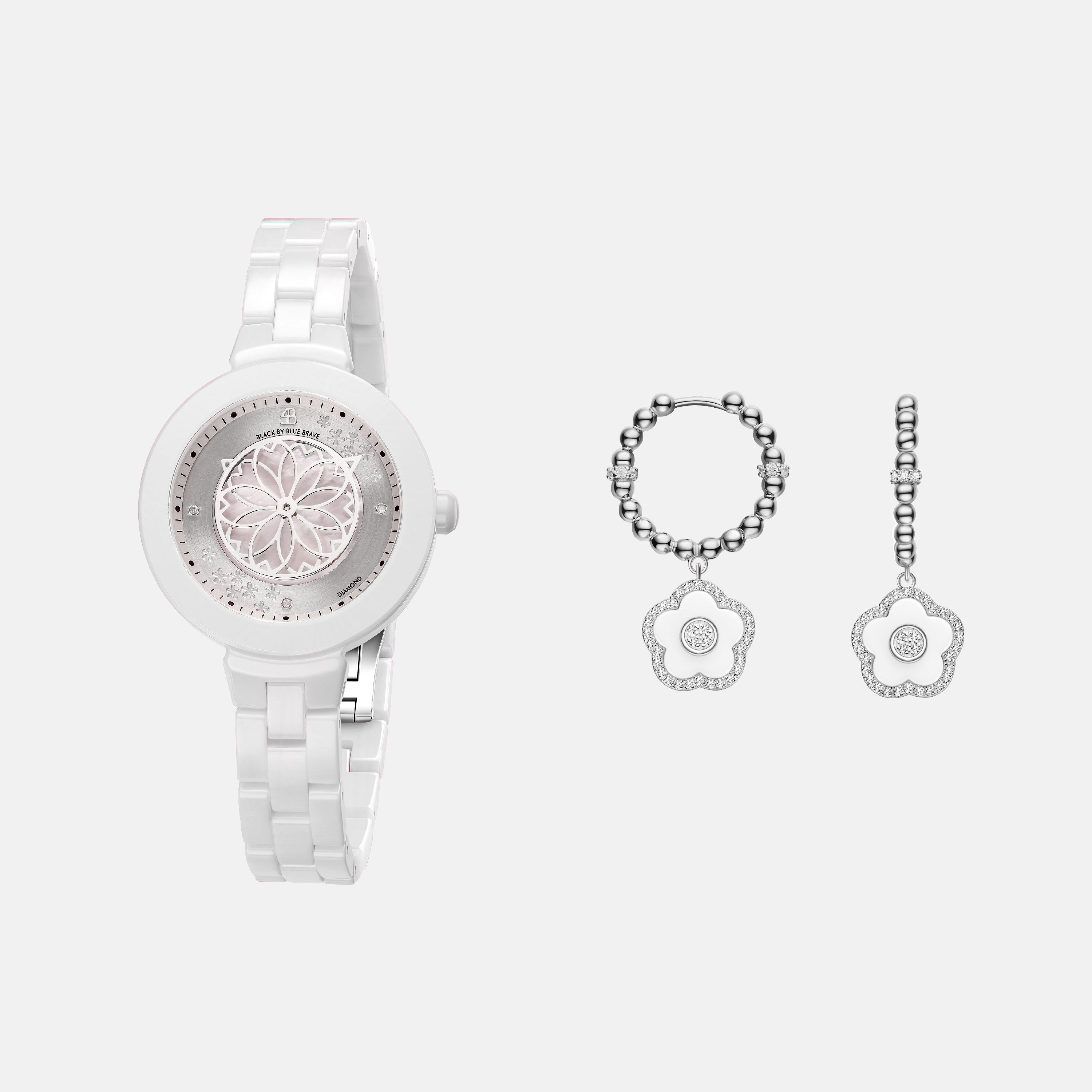 WHITE DIAMOND CHERRY BLOSSOM CERAMIC WATCH WITH FLOWER CERAMIC  EARRINGS