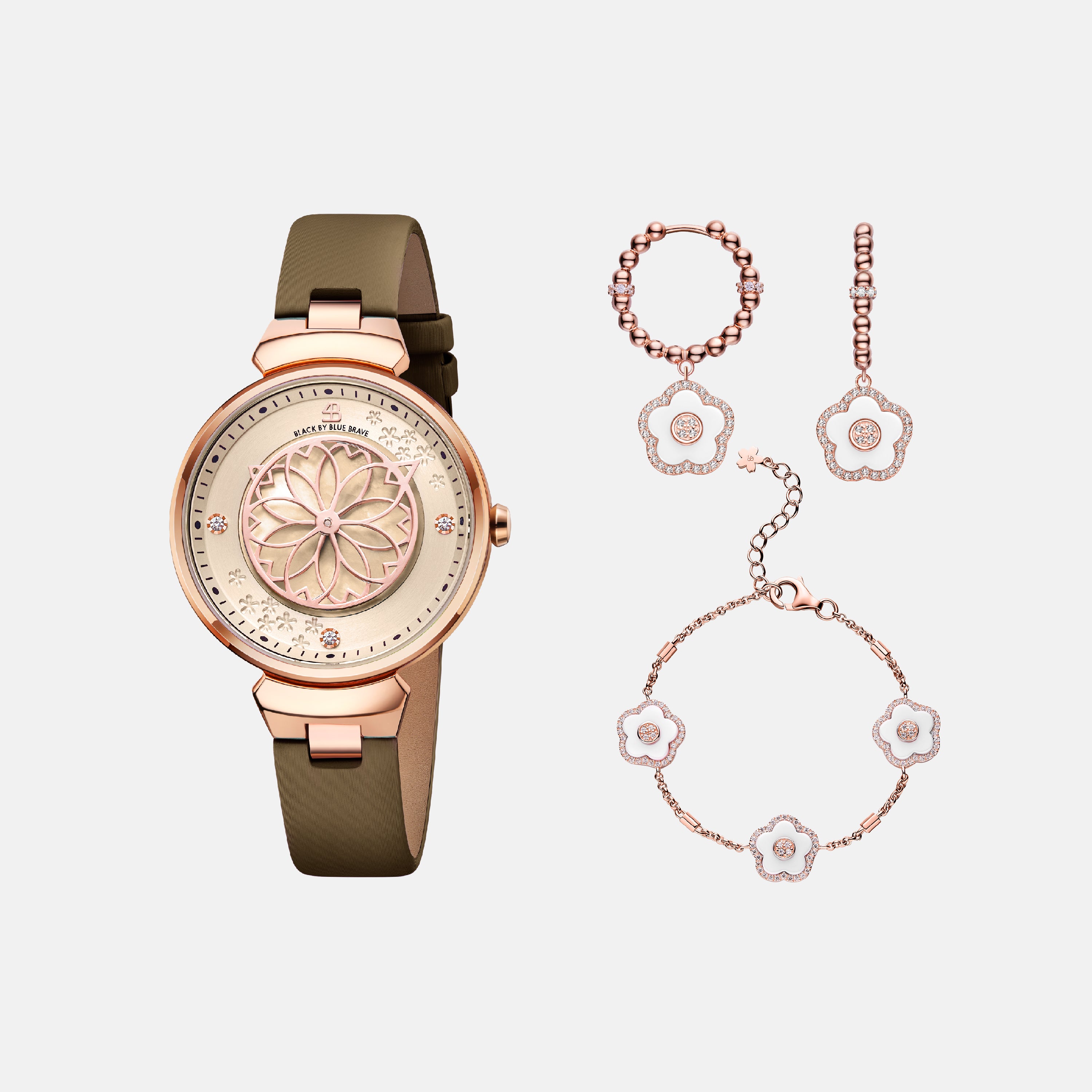 CHAMPAGNE CHERRY BLOSSOM WATCH WITH FLOWER CERAMIC  JEWELLERIES（EARRINGS & BRACELET）