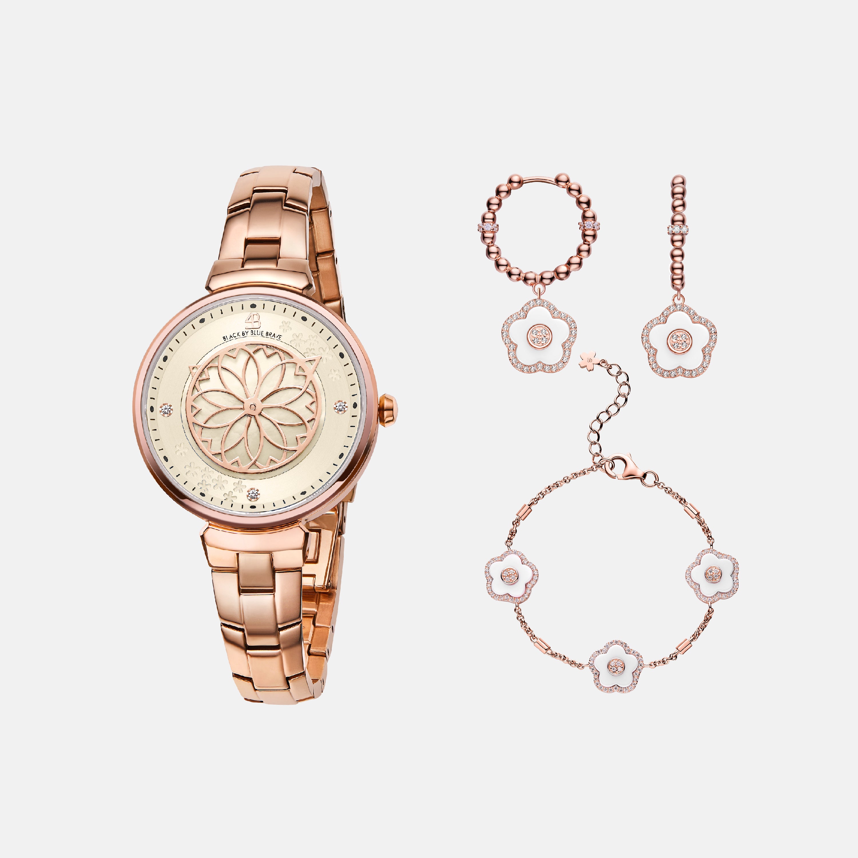 CHAMPAGNE CHERRY BLOSSOM WATCH WITH FLOWER CERAMIC JEWELLERIES（EARRINGS & BRACELET）