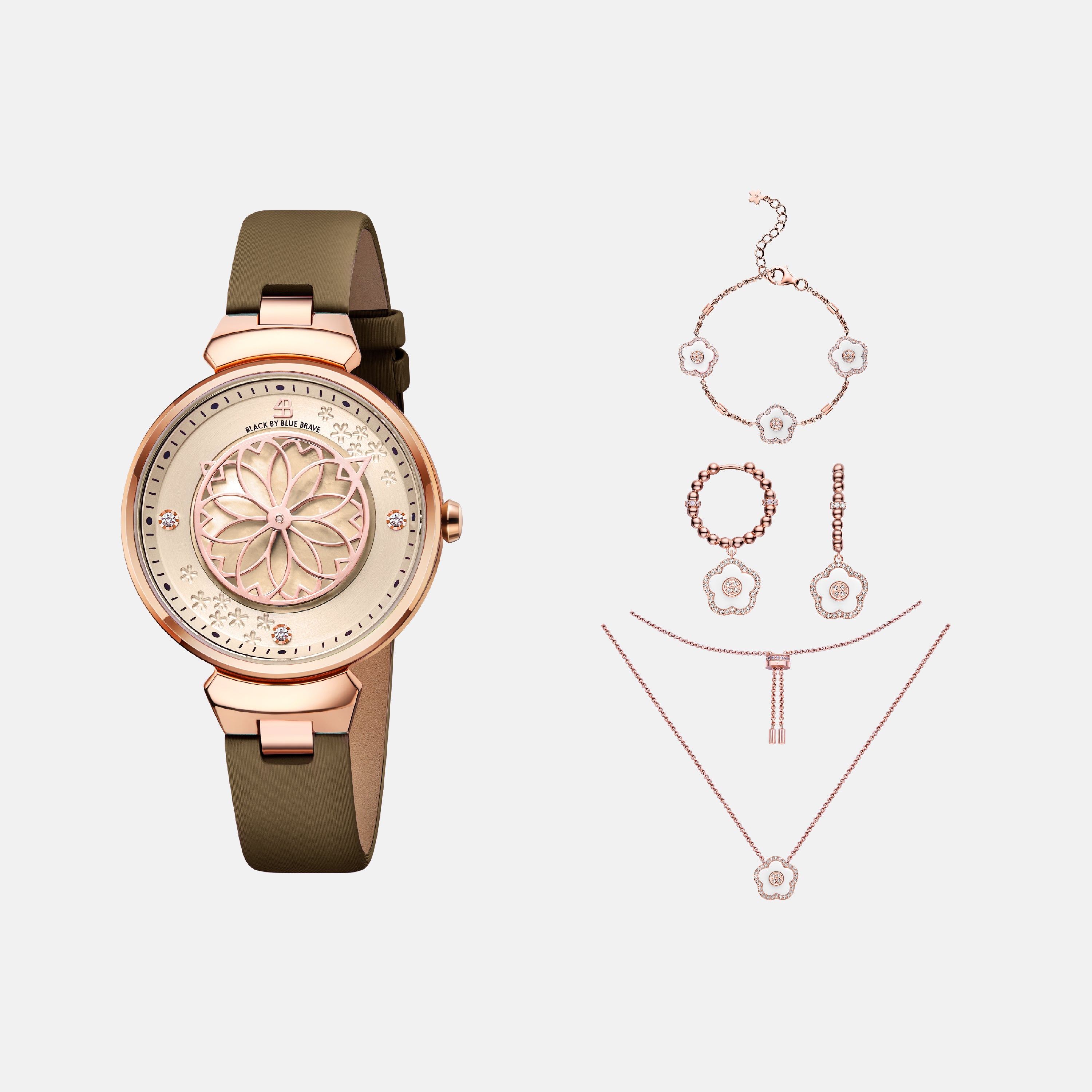 CHAMPAGNE CHERRY BLOSSOM WATCH WITH FLOWER CERAMIC JEWELLERIES（EARRINGS & BRACELET & NECKLACE）