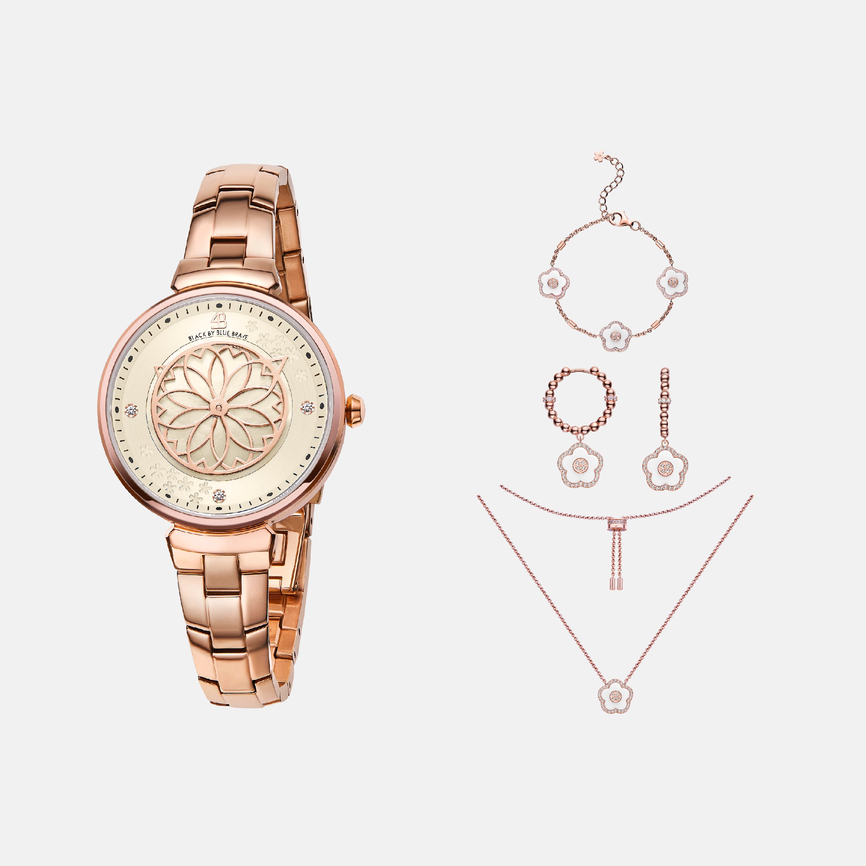 CHAMPAGNE CHERRY BLOSSOM WATCH WITH FLOWER CERAMIC JEWELLERIES（EARRINGS & BRACELET & NECKLACE）