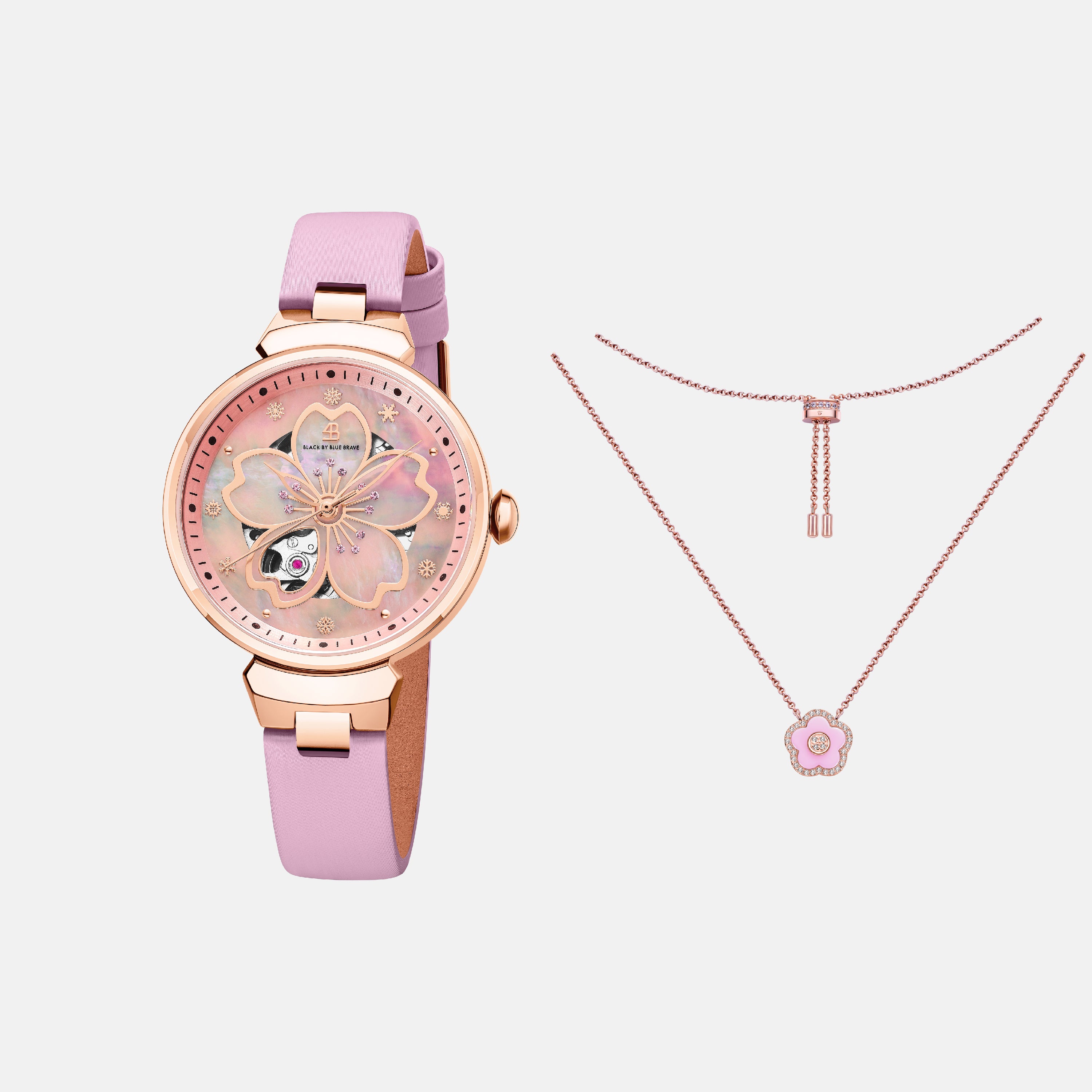 PINK CHERRY BLOSSOM 36MM AUTOMATIC WATCH & ROSEGOLD FLOWER NECKLACE & PINK CERAMIC