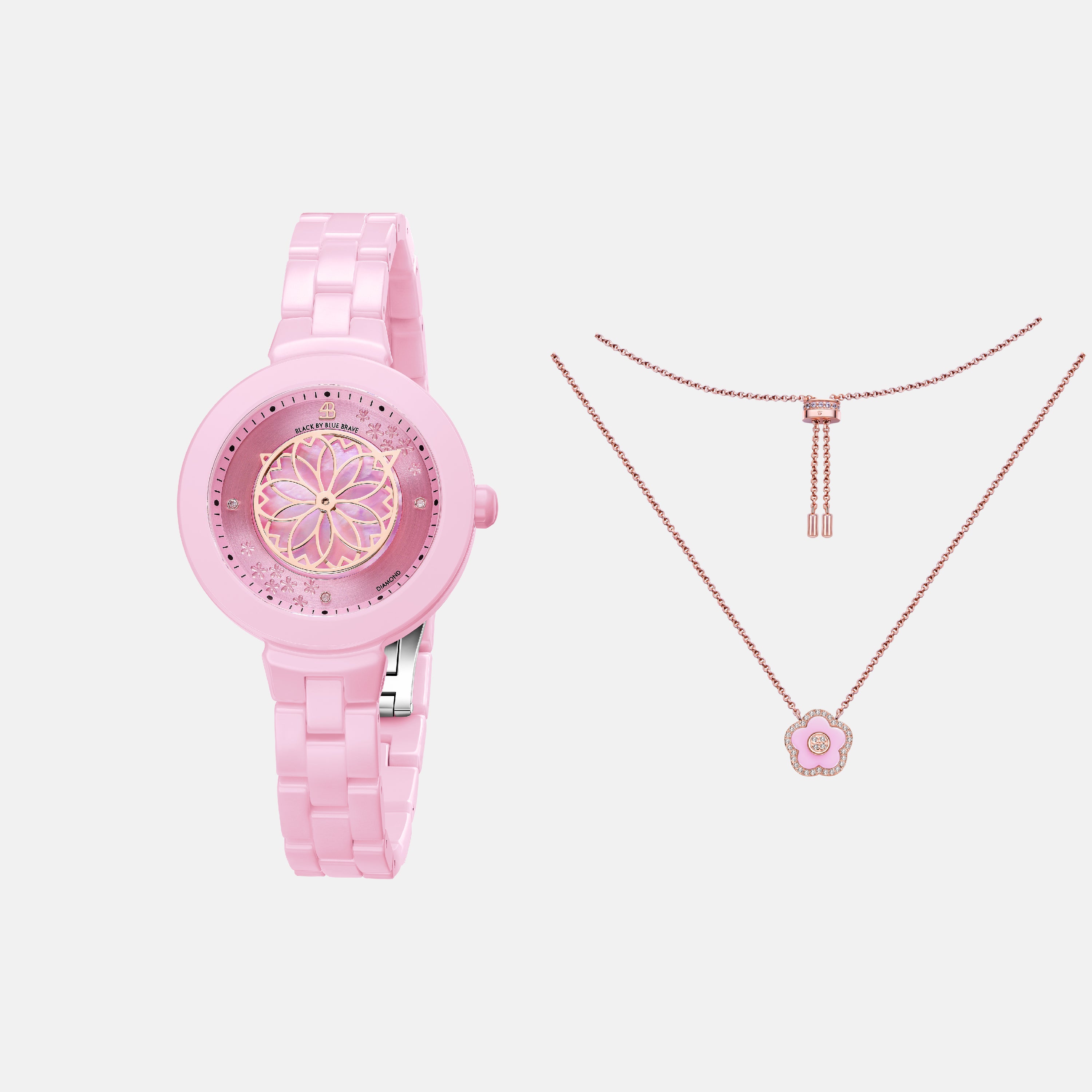 PINK DIAMOND CHERRY BLOSSOM CERAMIC WATCH WITH FLOWER CERAMIC NECKLACE