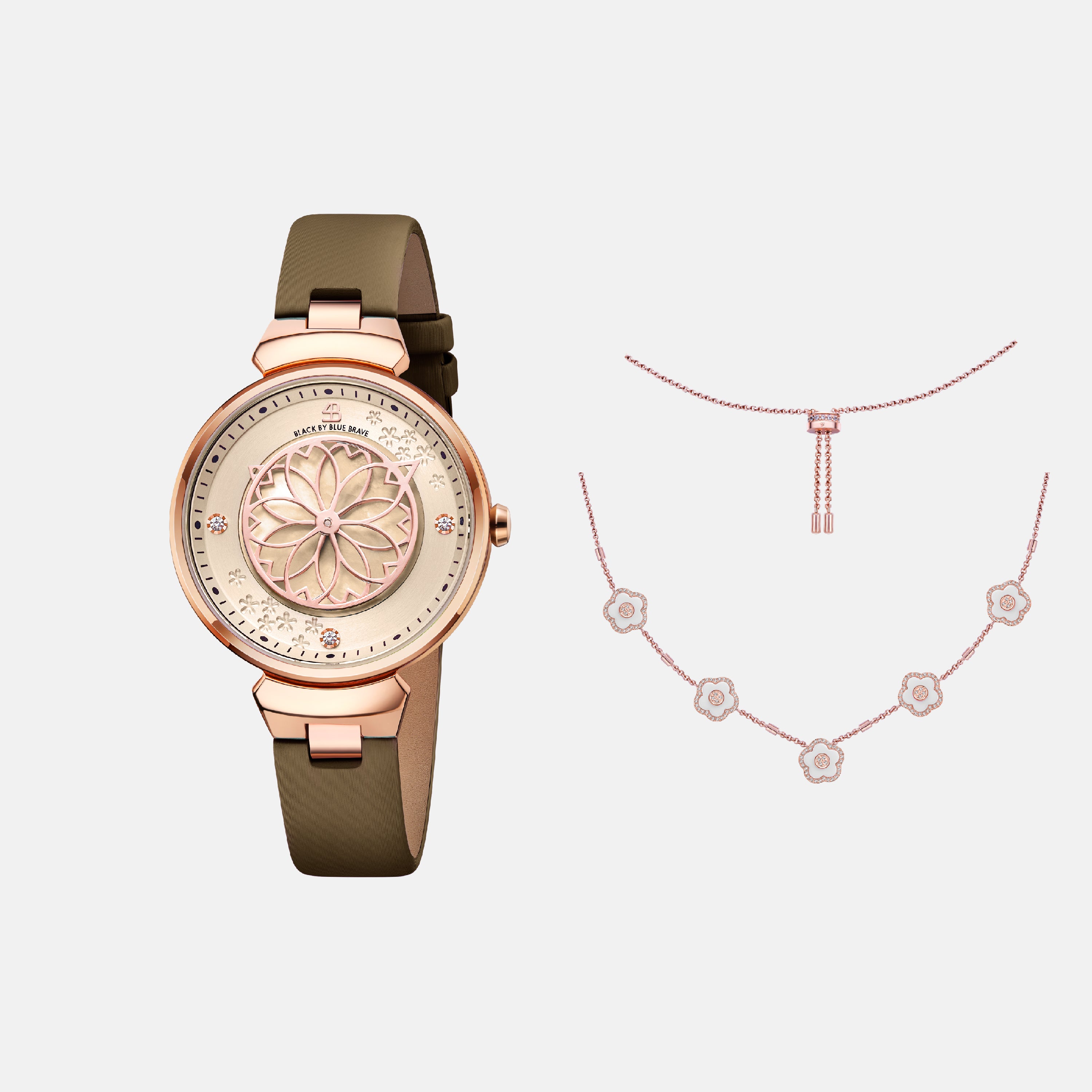 CHAMPAGNE CHERRY BLOSSOM WATCH WITH ROSEGOLD FLOWER NECKLACE & WHITE CERAMIC