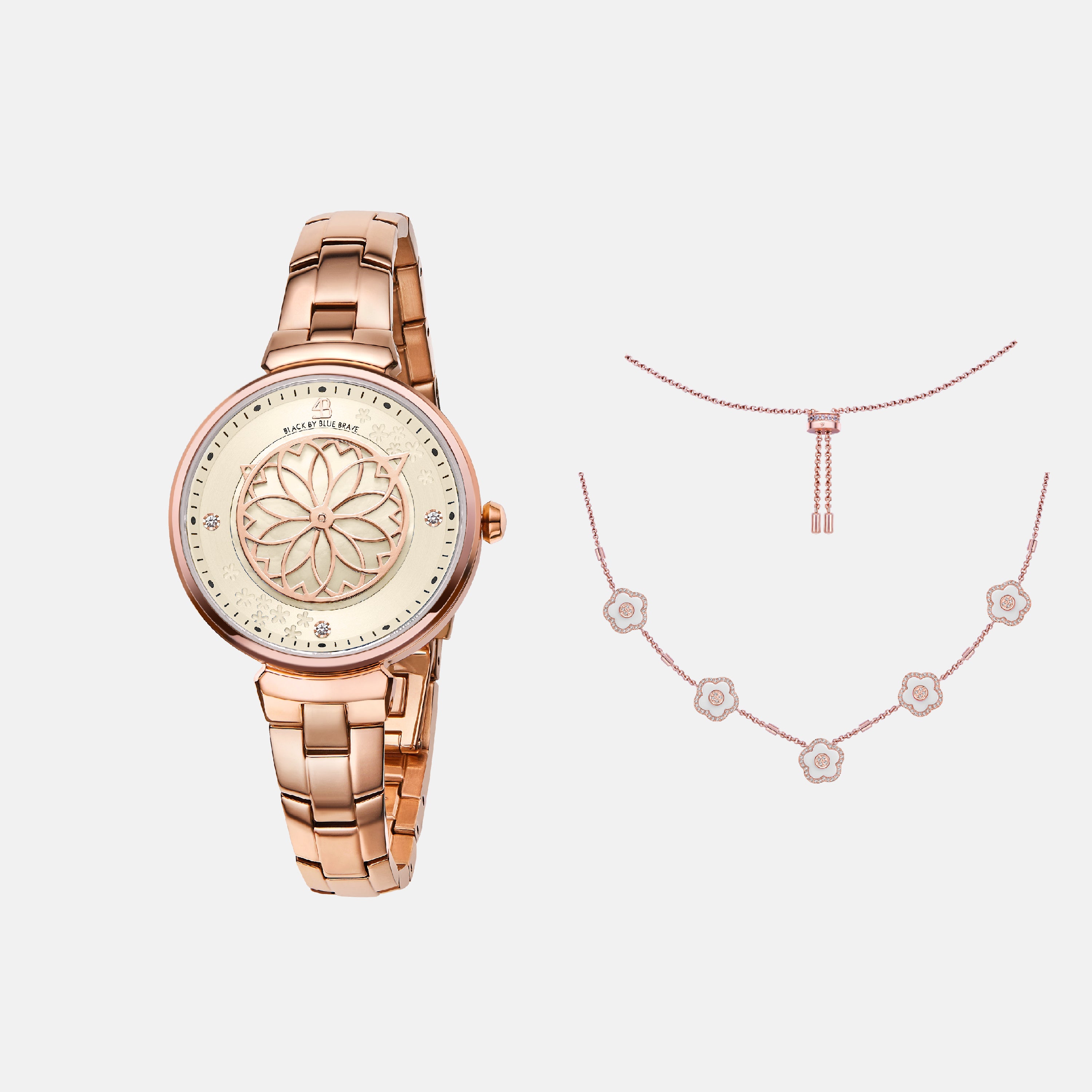 CHAMPAGNE CHERRY BLOSSOM WATCH WITH ROSEGOLD FLOWER NECKLACE & WHITE CERAMIC