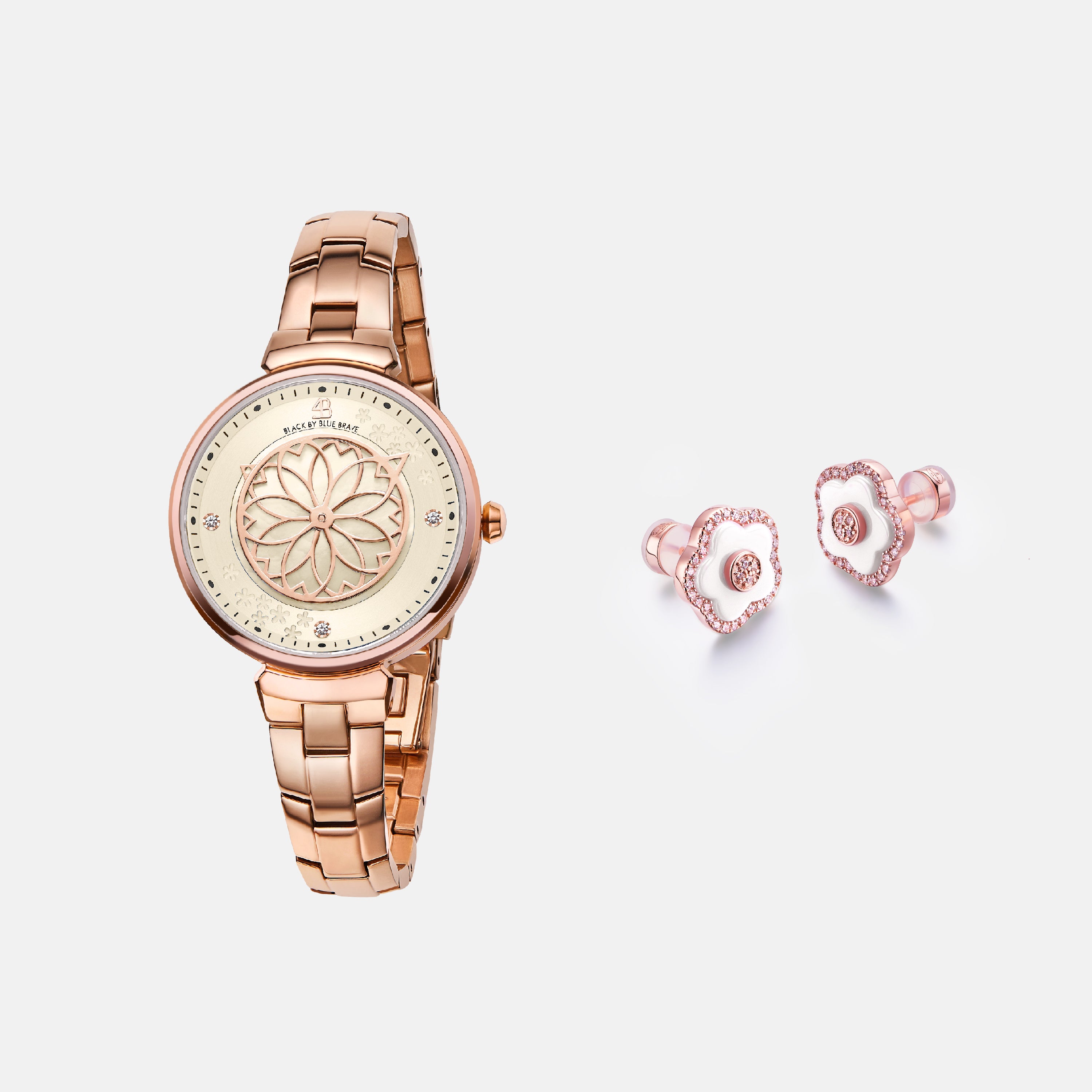 CHAMPAGNE CHERRY BLOSSOM WATCH & FLOWER CERAMIC EARRINGS