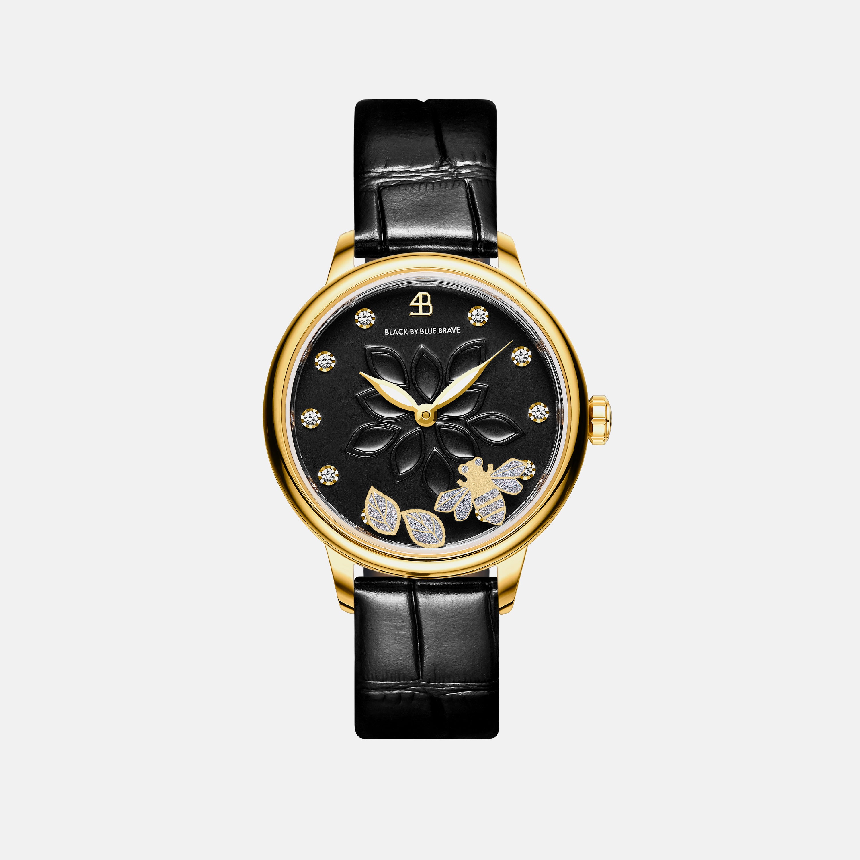 Water Lily 34mm Black Dial Moving Bees Leather Strap Watch - 4B11108 - front - Black By Blue Brave