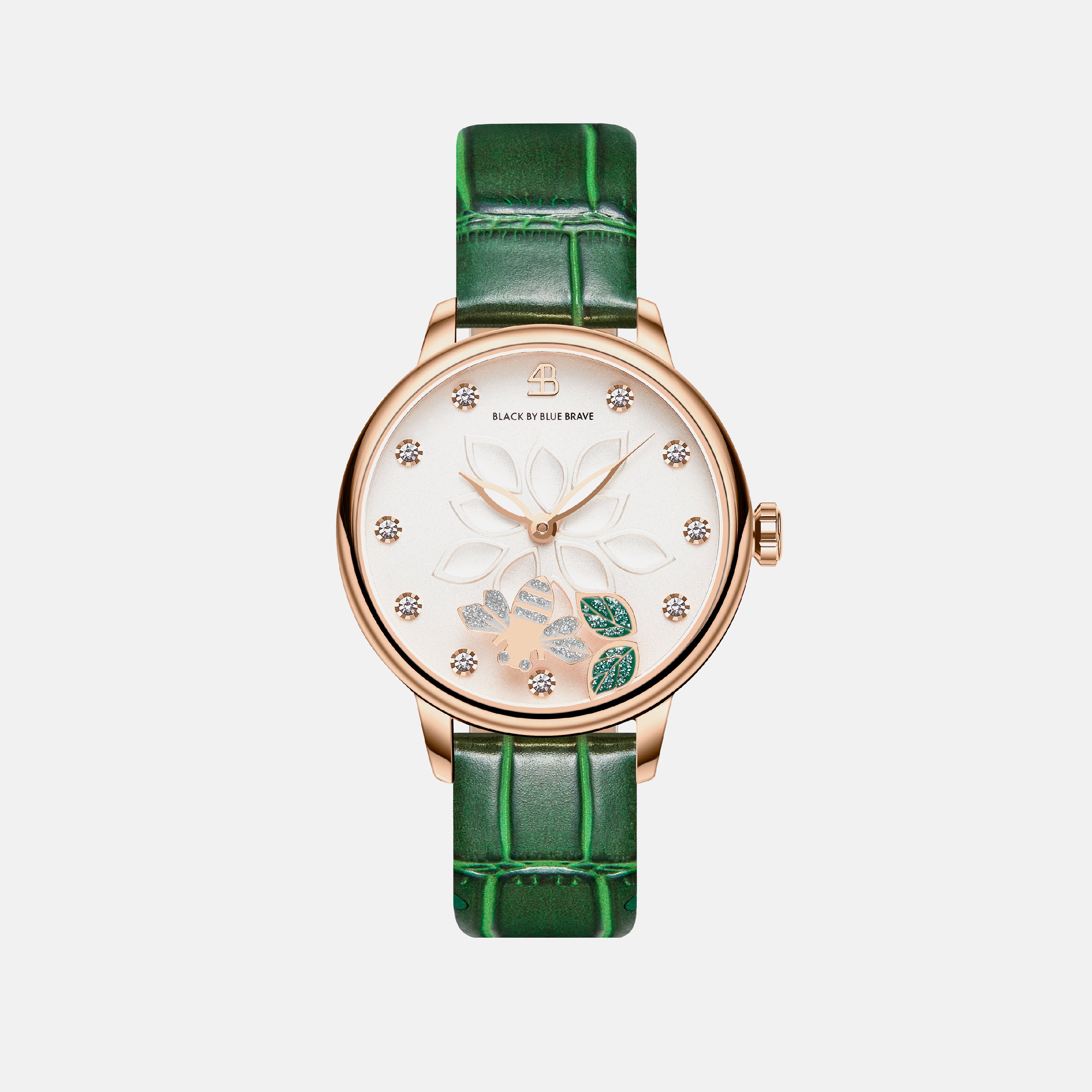 Water Lily 34mm White Dial Moving Bees Green Leather Strap Watch - 4B11109 - front - Black By Blue Brave
