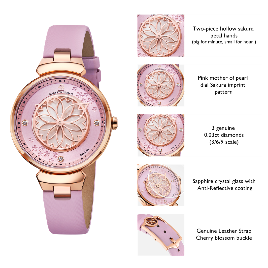 Cherry Blossom Champagne Gold Mother Of Pearl Dial Sakura Petal Hand Leather Strap Watch