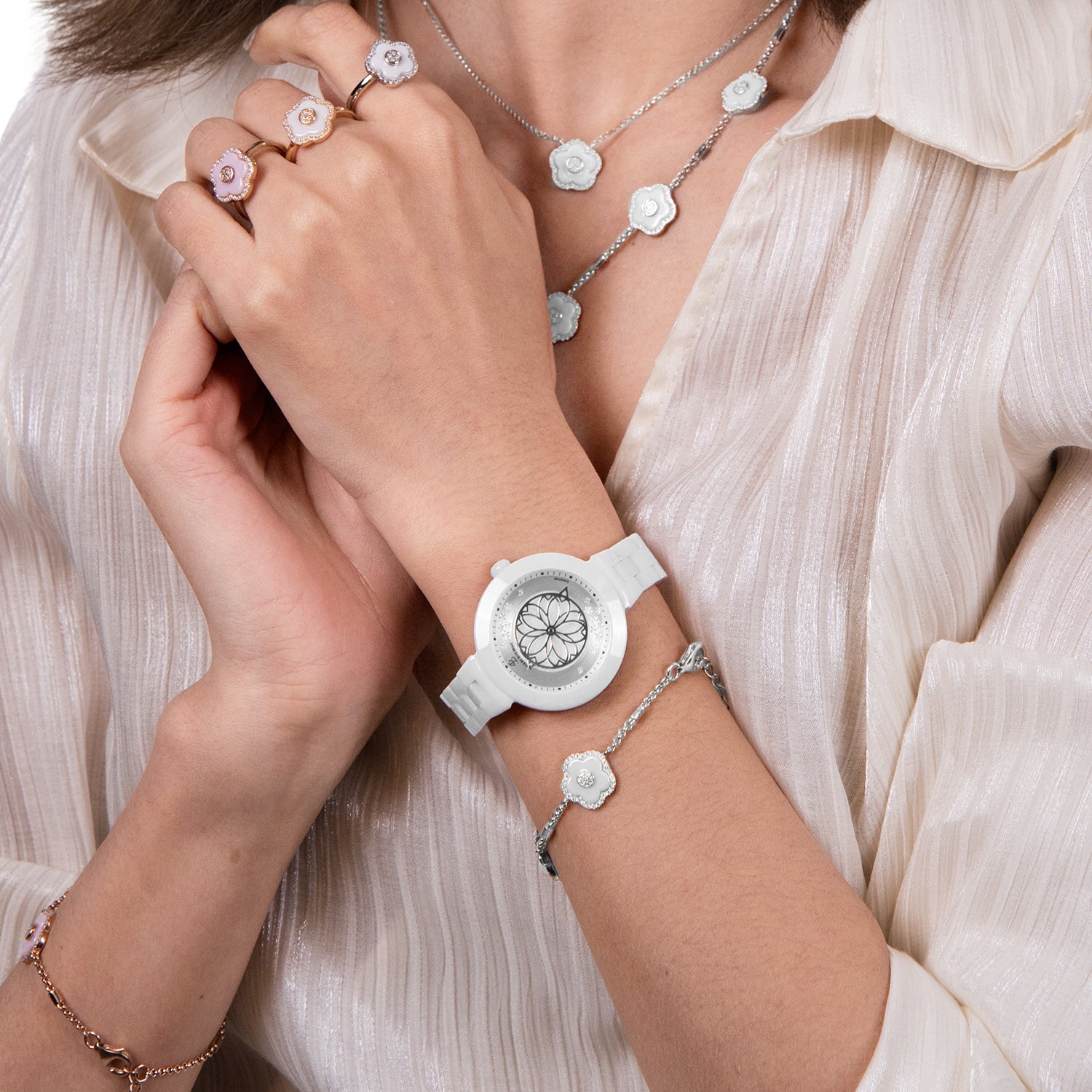 White Diamond Cherry Blossom Ceramic Watch With Flower Ceramic Jewelleries (Earrings & Bracelet)