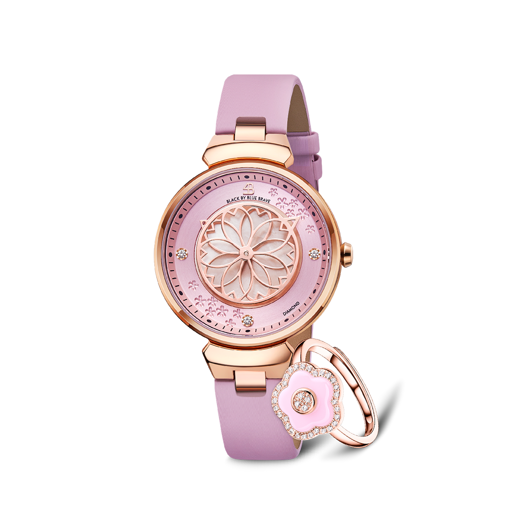 Pink Cherry Blossom Diamond Watch & Flower Ceramic Ring