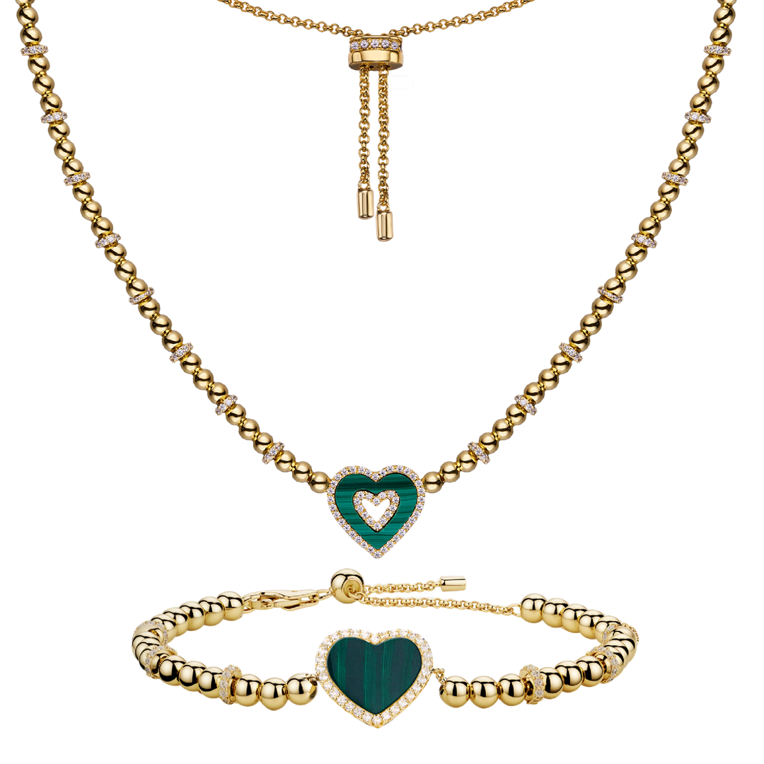 Love Heart Malachite Bracelet & Malachite Double Heart Necklace