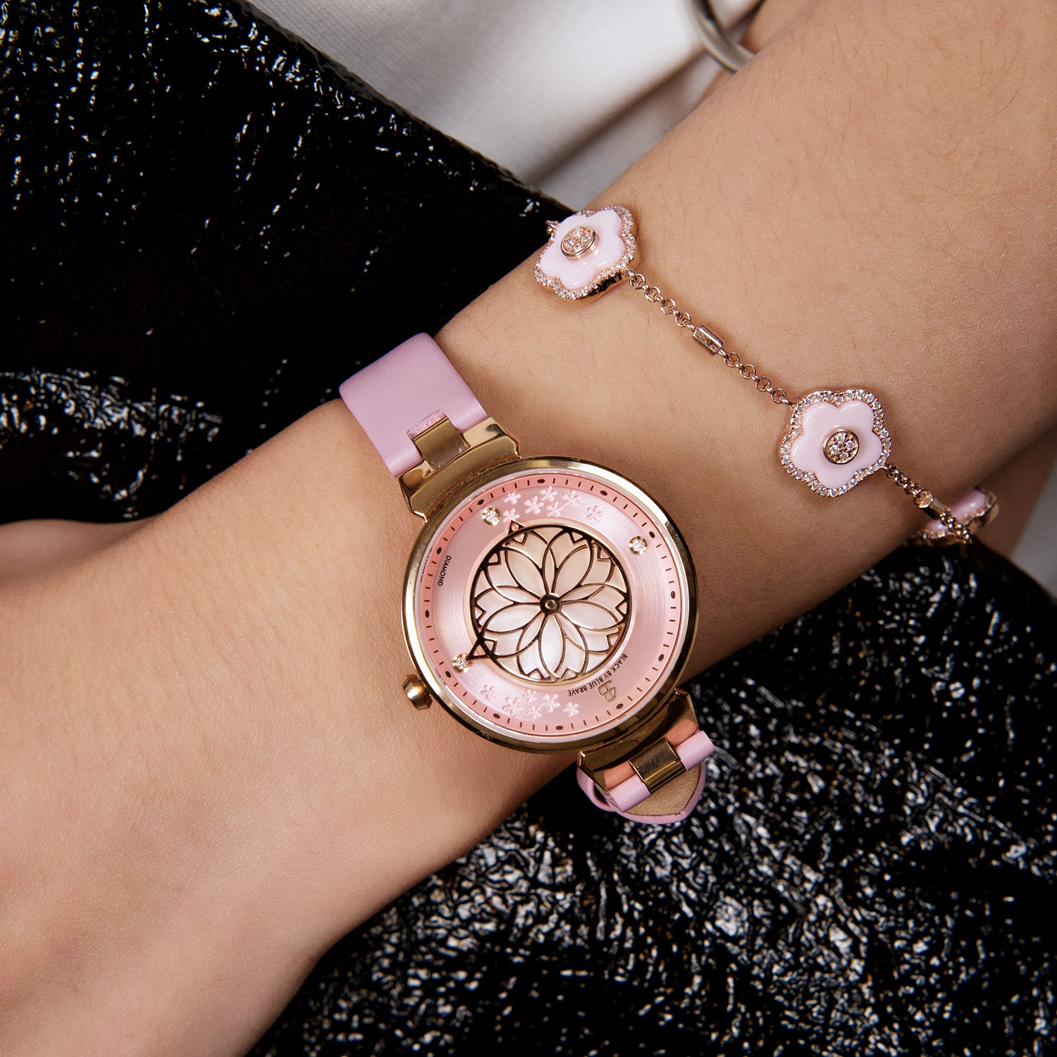 Champagne Cherry Blossom Watch With Rosegold Bracelet & White Ceramic