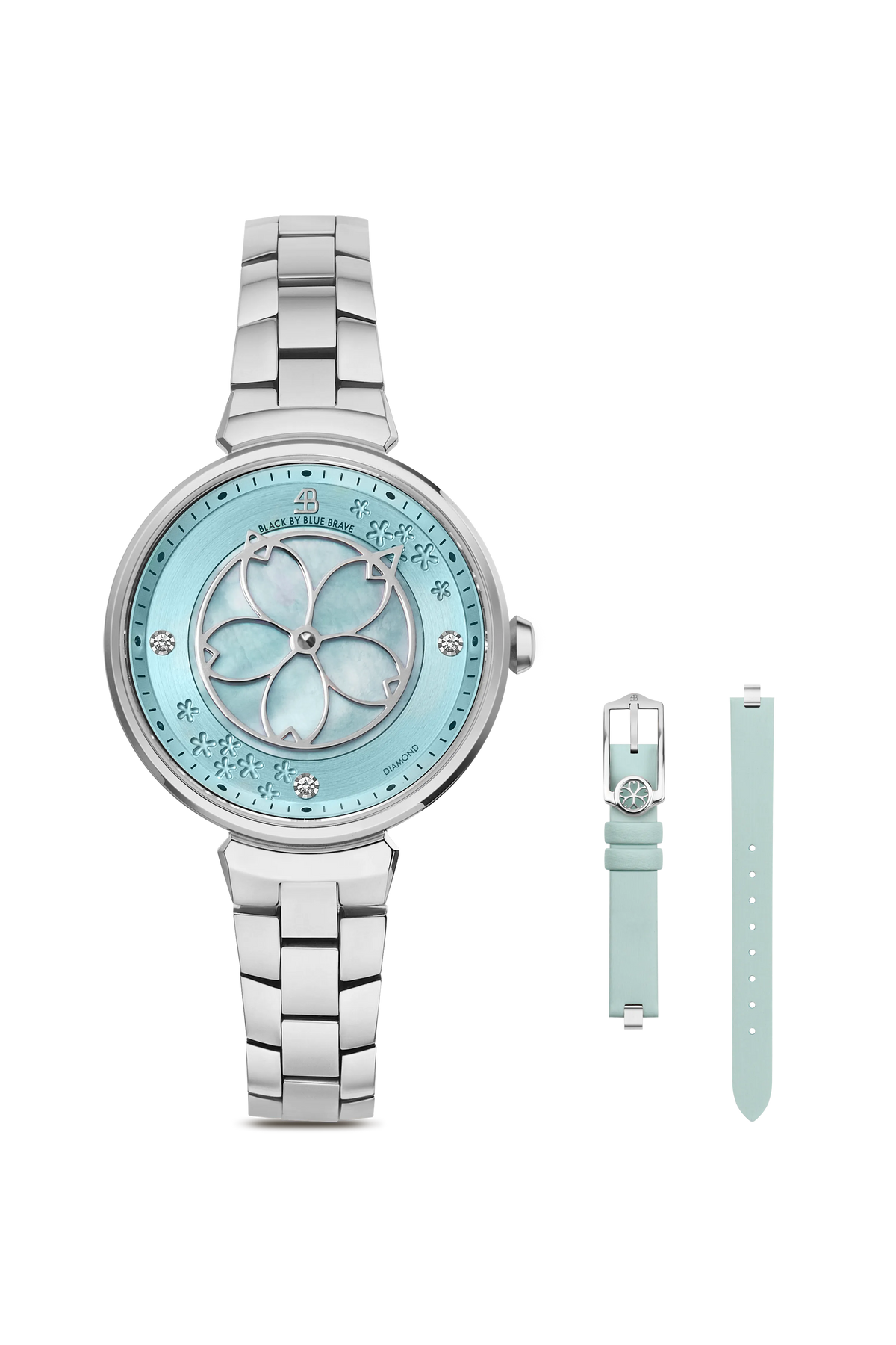 Blue dial watch with silver bracelet and interchangeable blue leather strap